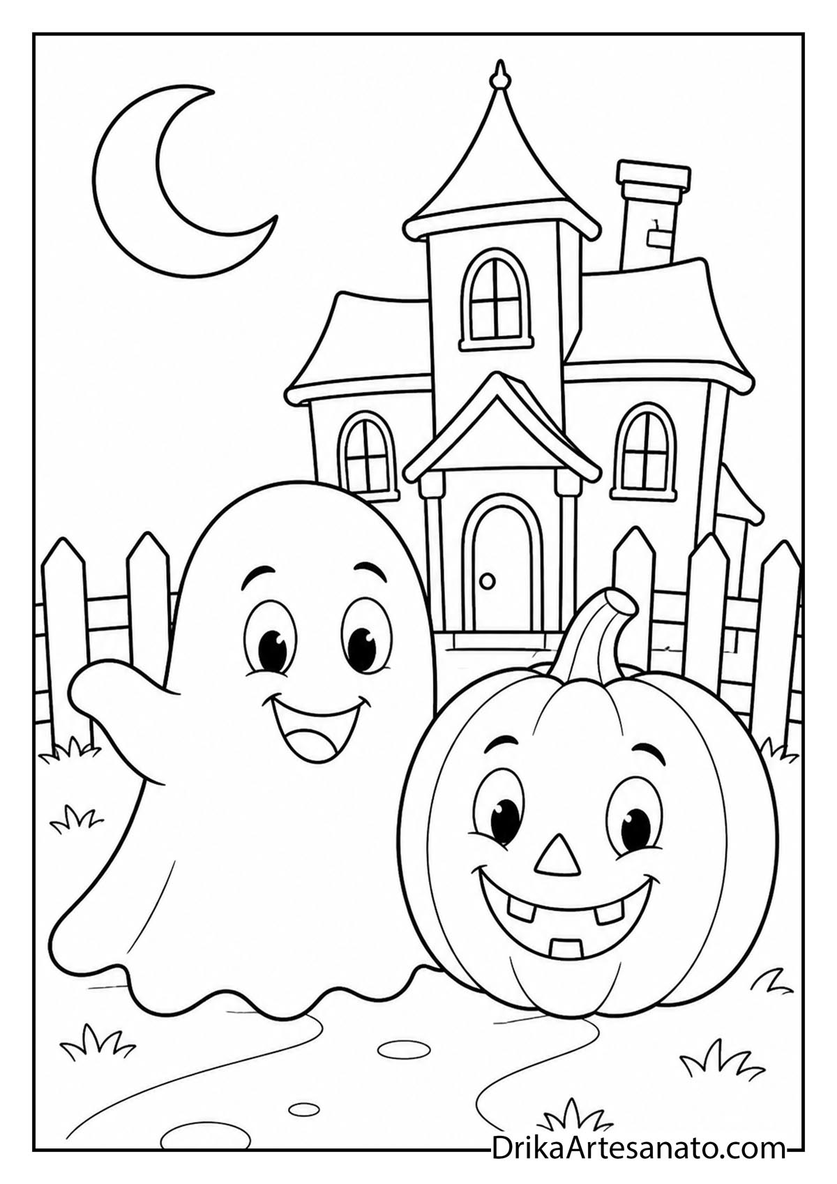 Cute ghost and jack-o-lantern standing in front of haunted house coloring sheet