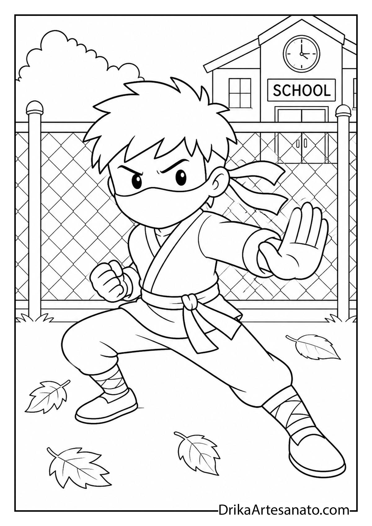 Boy in ninja martial arts costume posing near school fence coloring printable