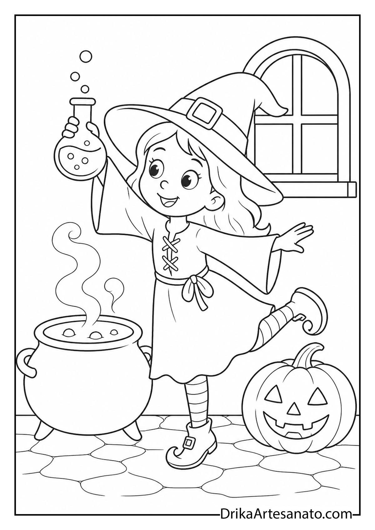 Cheerful witch holding a potion bottle on one foot with cauldron to color
