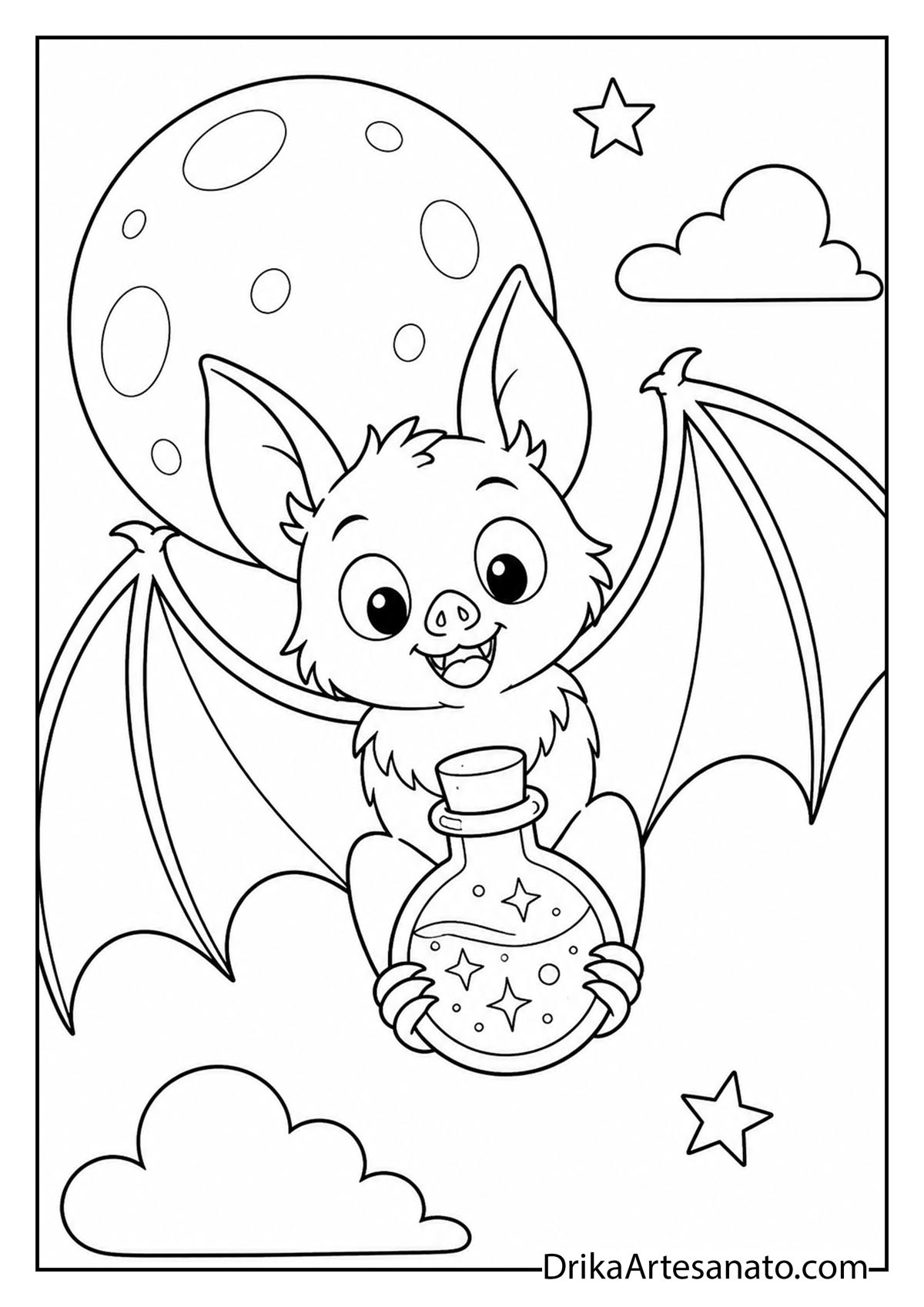 Adorable bat holding a glowing magic potion bottle coloring sheet