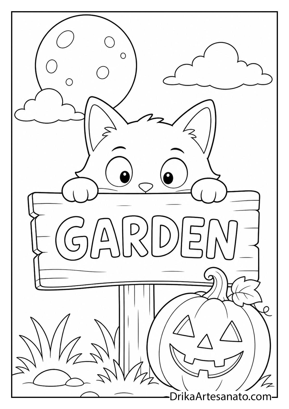Cat peeking over a wooden garden sign beside a carved pumpkin outline coloring page