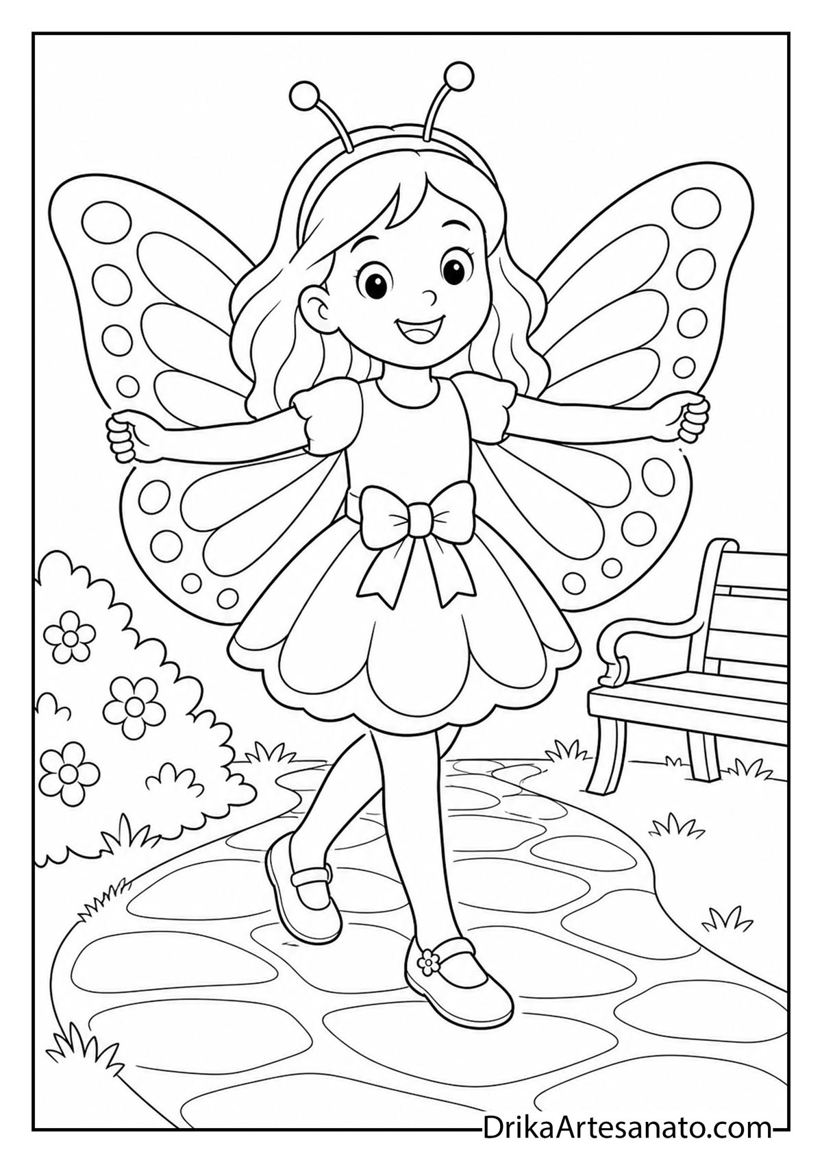 Girl in butterfly costume with wings walking on garden path coloring page