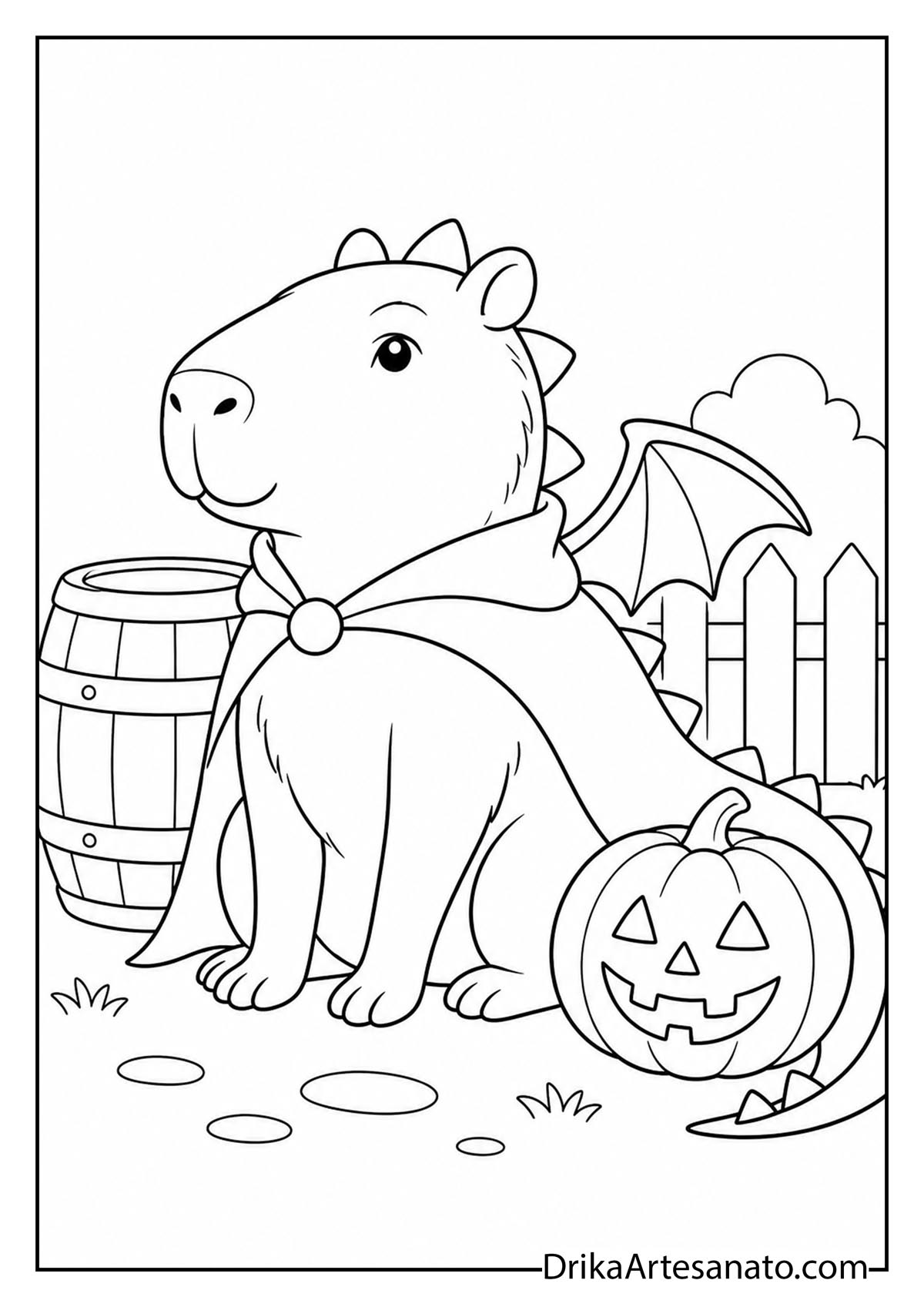 Cute capybara wearing a dragon costume with wings and cape coloring page