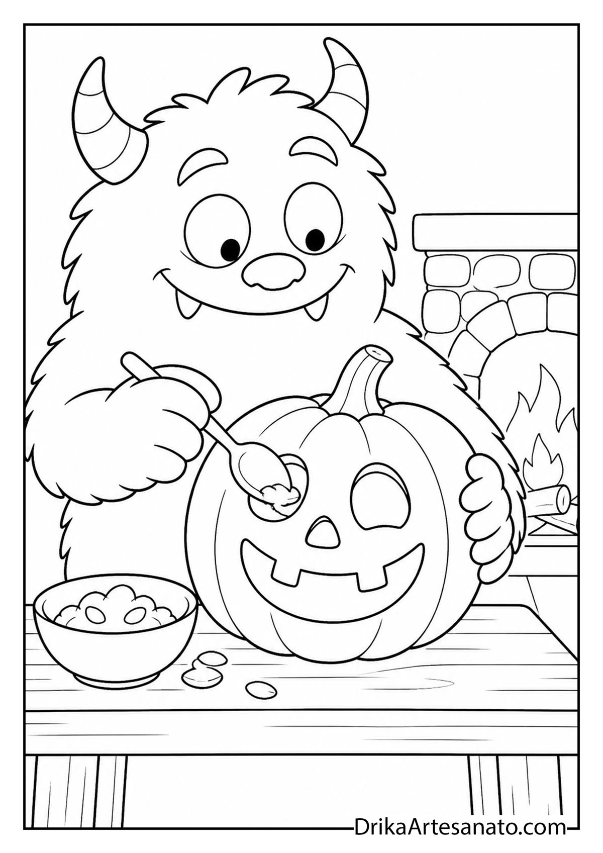 Friendly horned monster carving a pumpkin by the fireplace printable coloring page