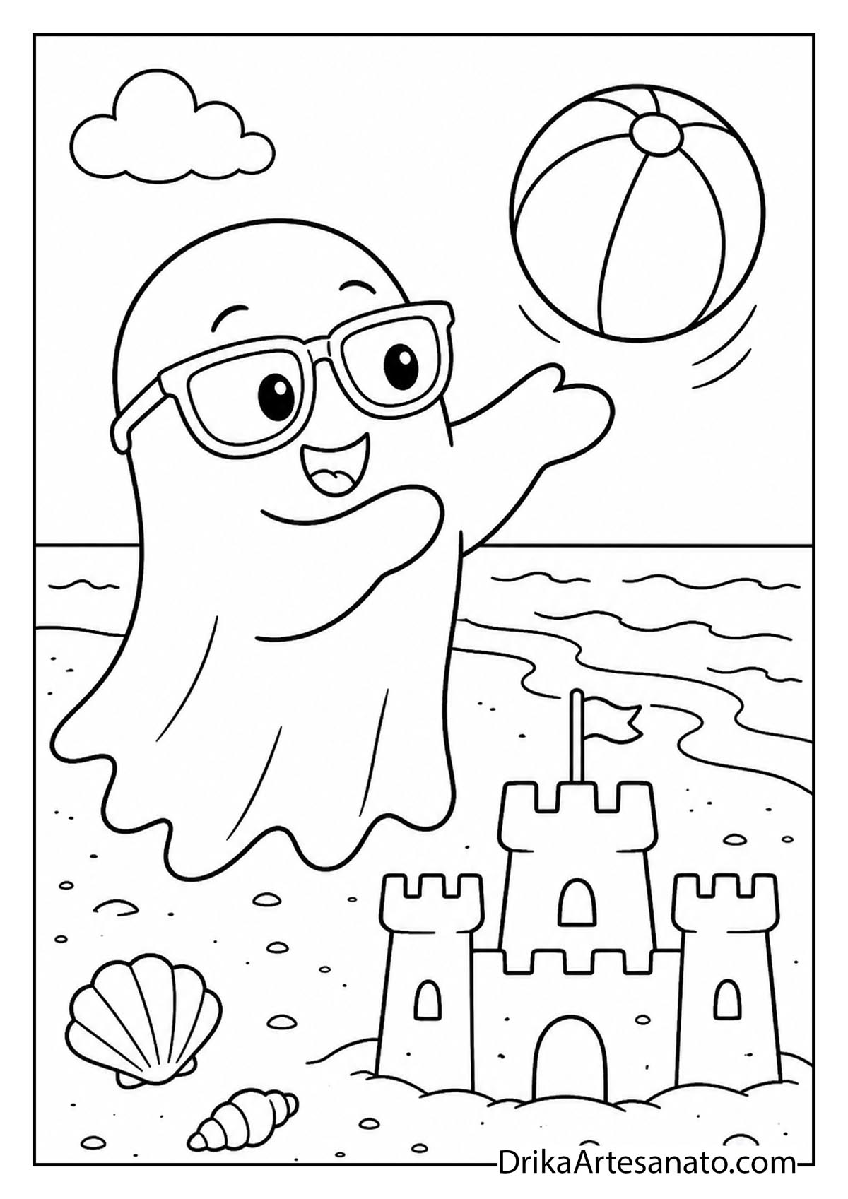 Friendly ghost wearing sunglasses tossing a beach ball near a sandcastle coloring sheet
