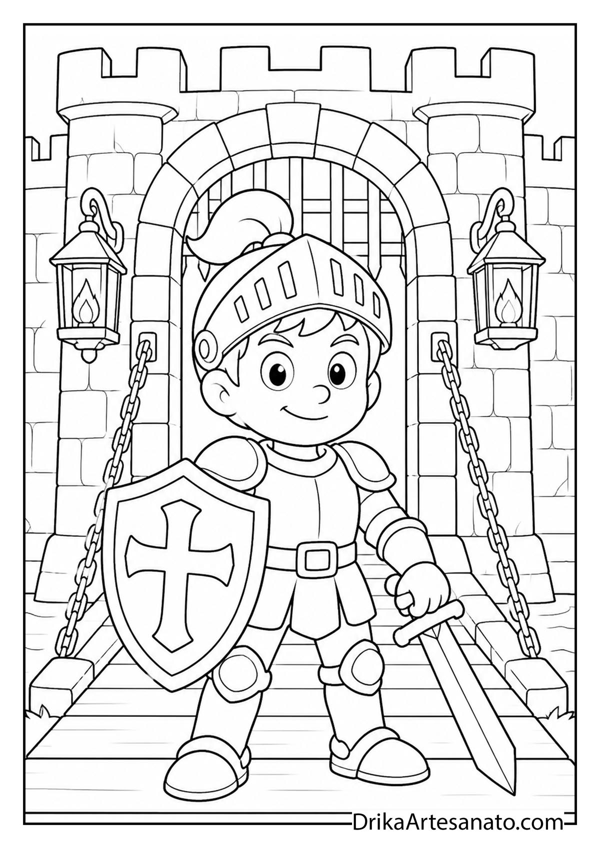 Cartoon knight boy holding shield and sword in front of castle gate coloring page