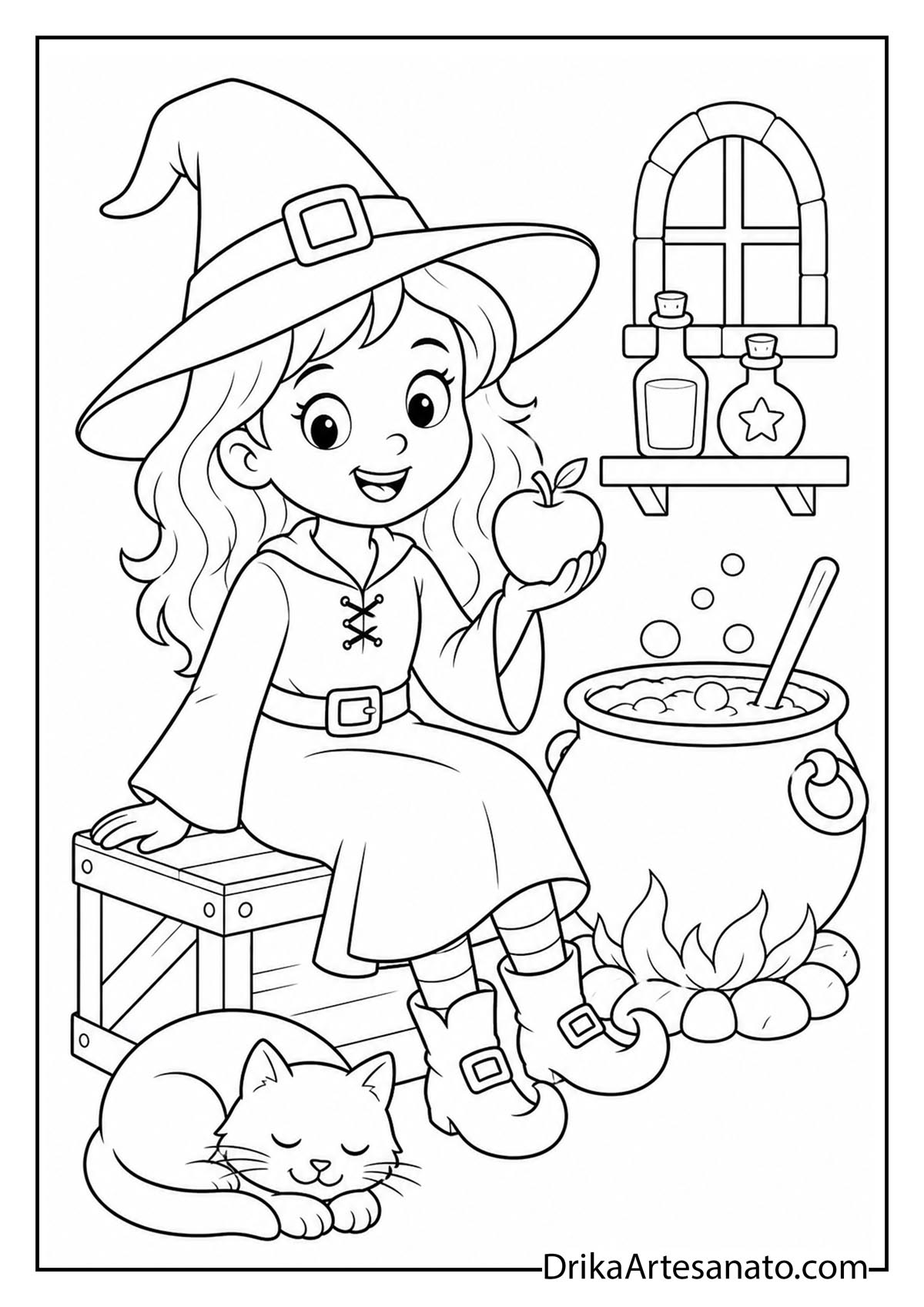 Witch sitting on a crate holding an apple next to a sleeping cat coloring page
