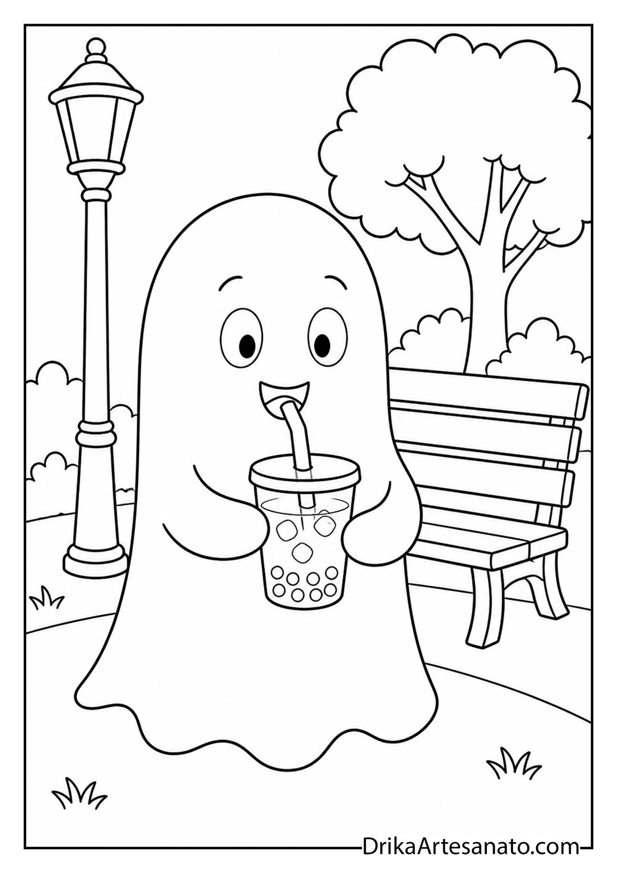 Cartoon ghost sipping a cold boba tea drink in a park coloring printable