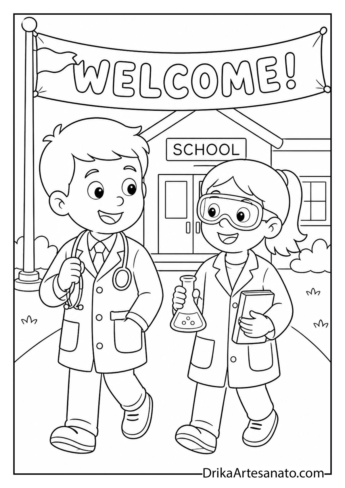 Two kids dressed as doctor and scientist outside school coloring sheet