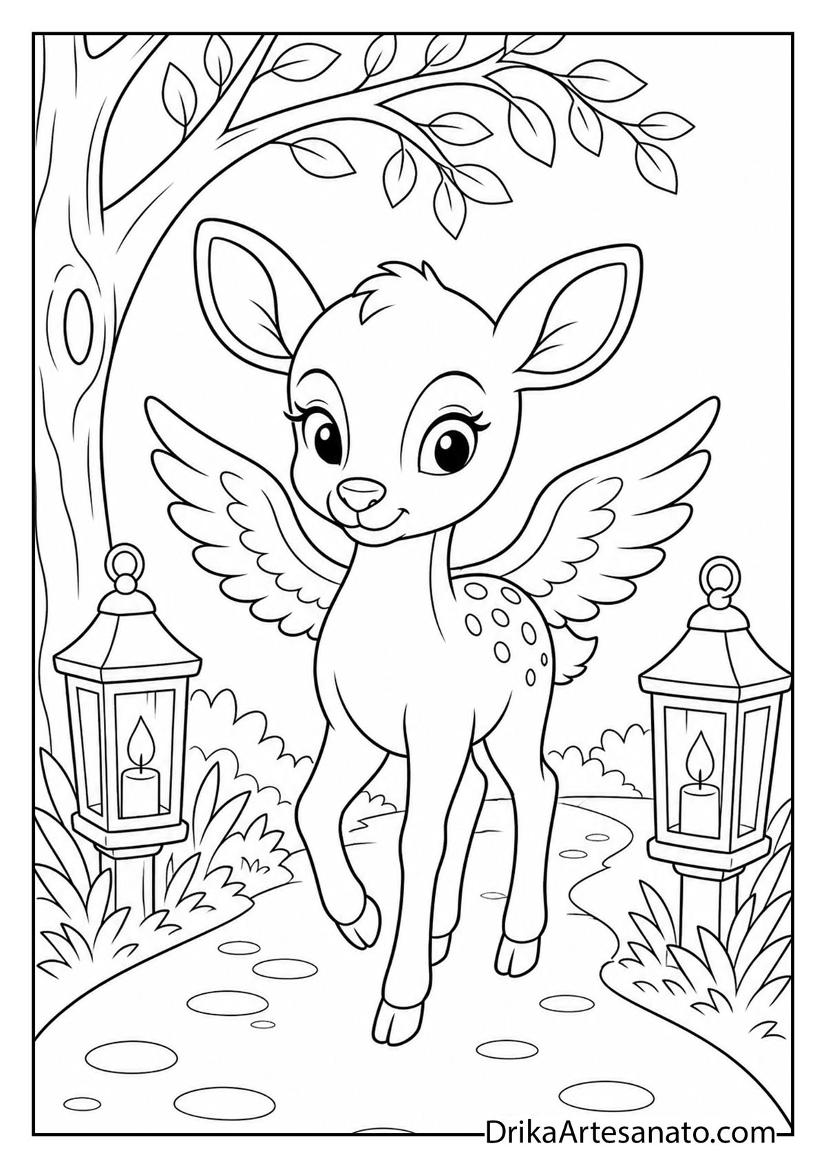 Cute fawn with fairy wings walking down a lantern-lit path coloring sheet