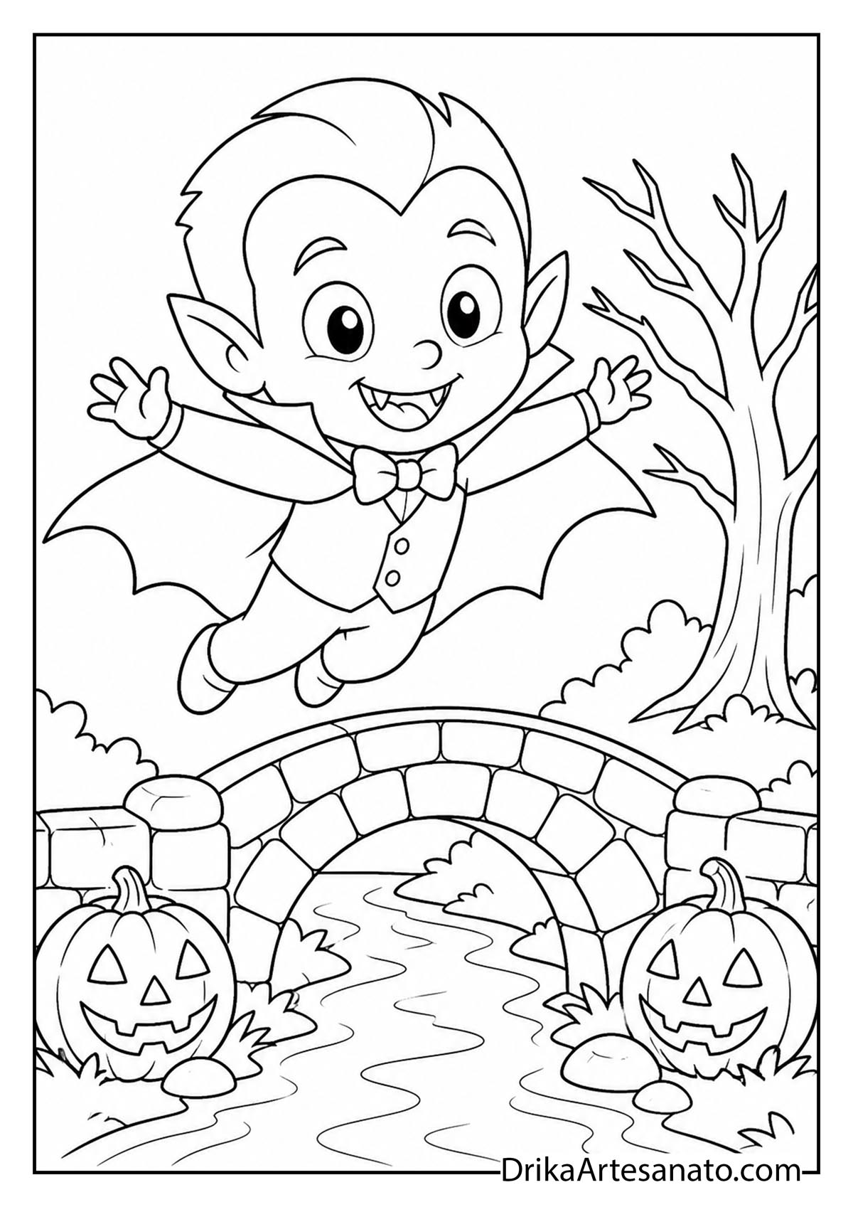 Cute little vampire flying over a stone bridge with pumpkins coloring sheet