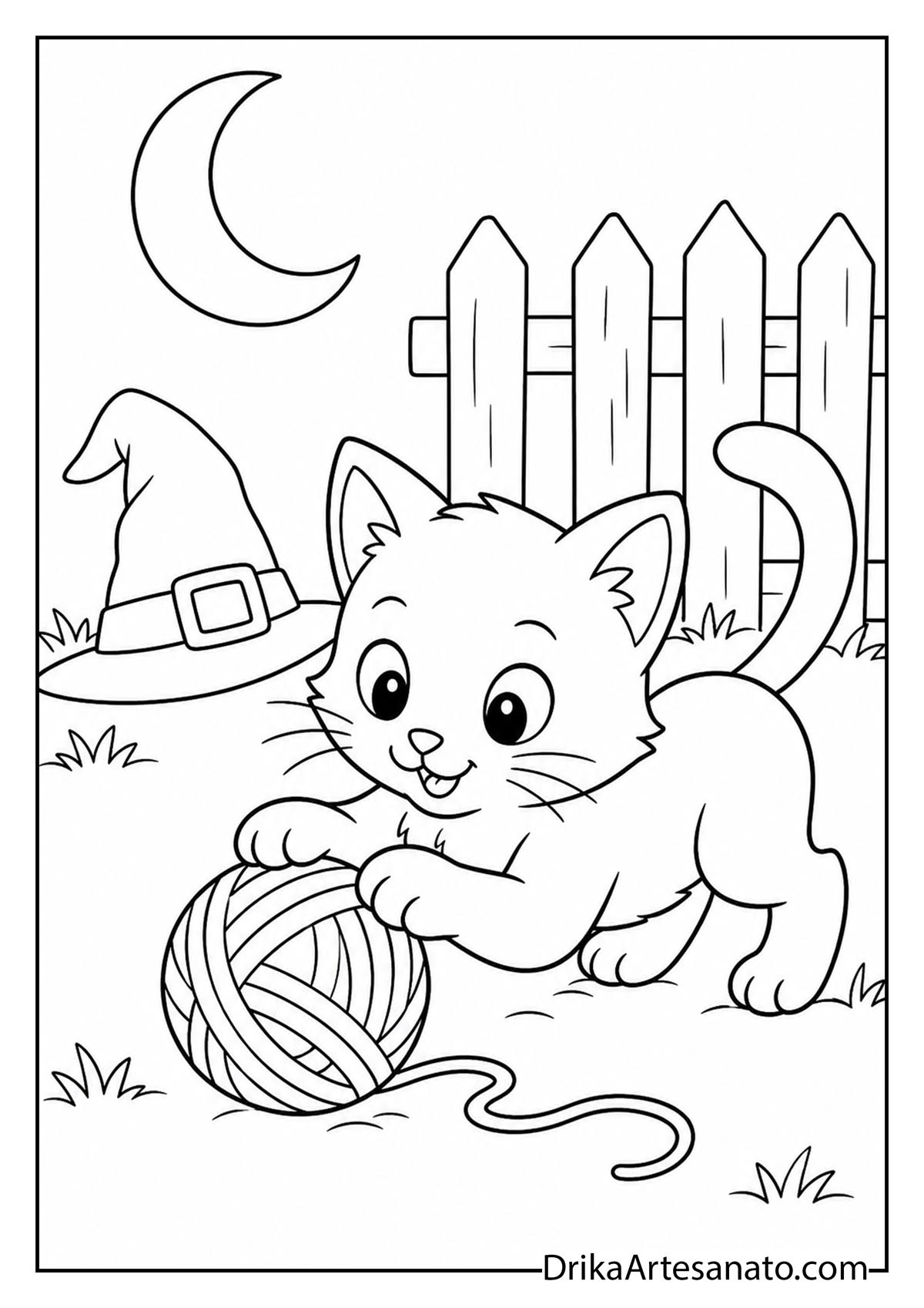 Playful kitten unwinding a ball of yarn near a witch hat in the grass to color