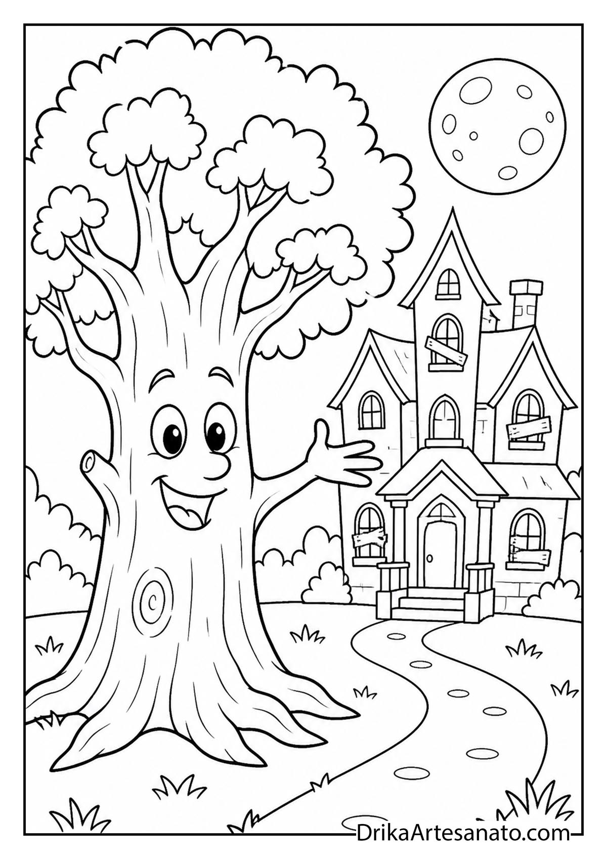 Friendly smiling tree standing beside a spooky haunted house coloring page