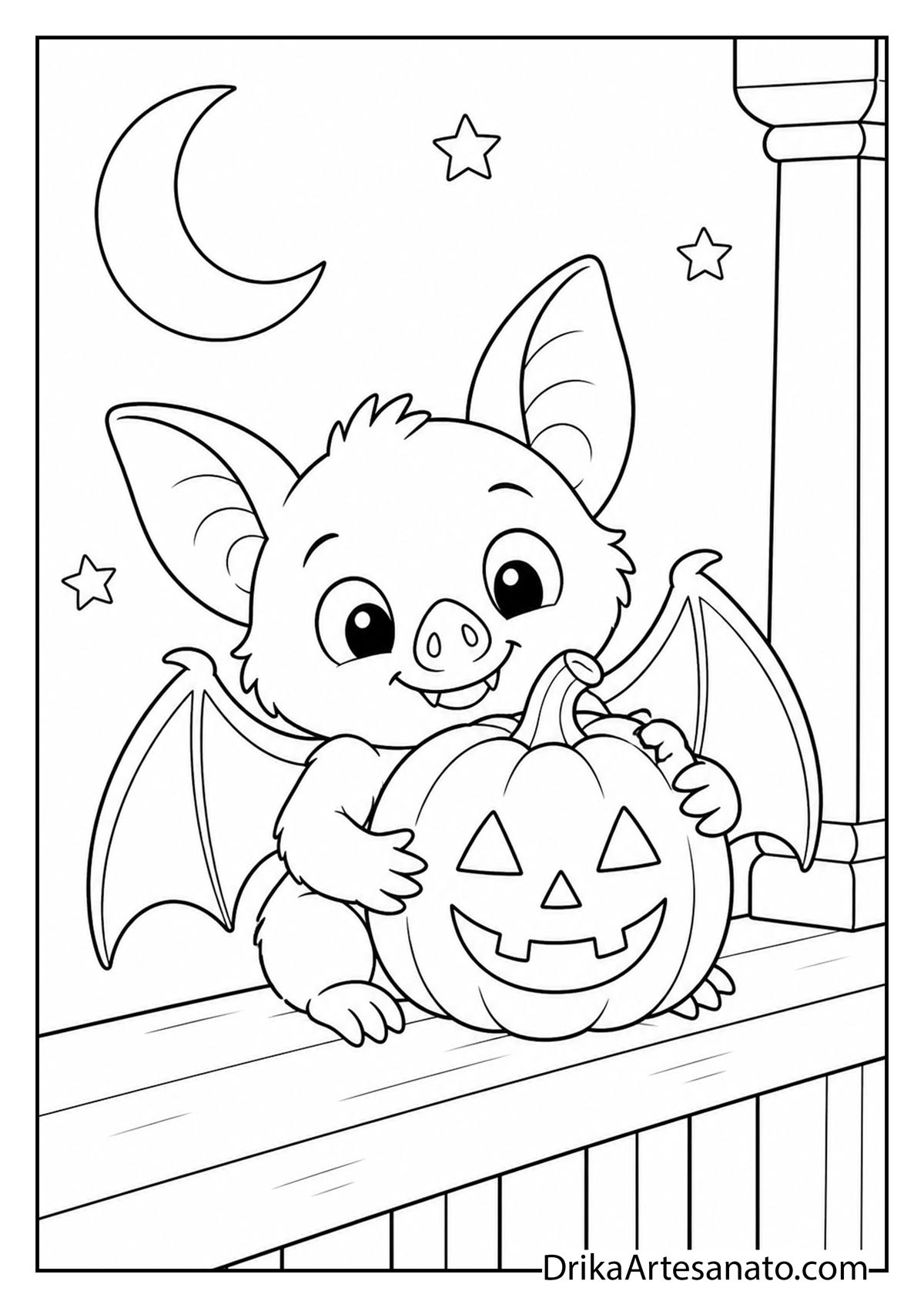 Cute baby bat hugging a jack o lantern on a porch railing coloring page