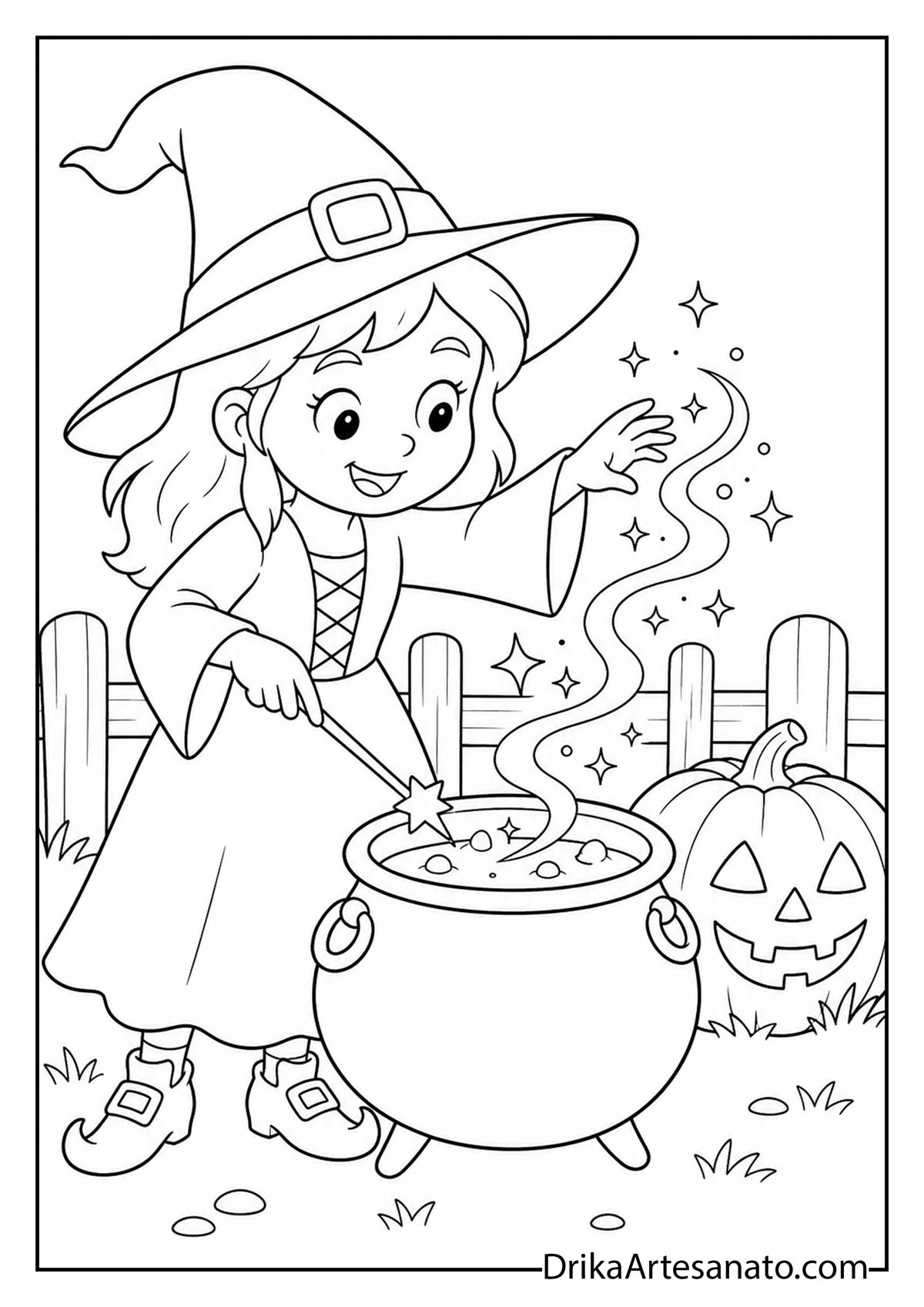 Witch casting magic swirls over a cauldron with a wand printable coloring sheet