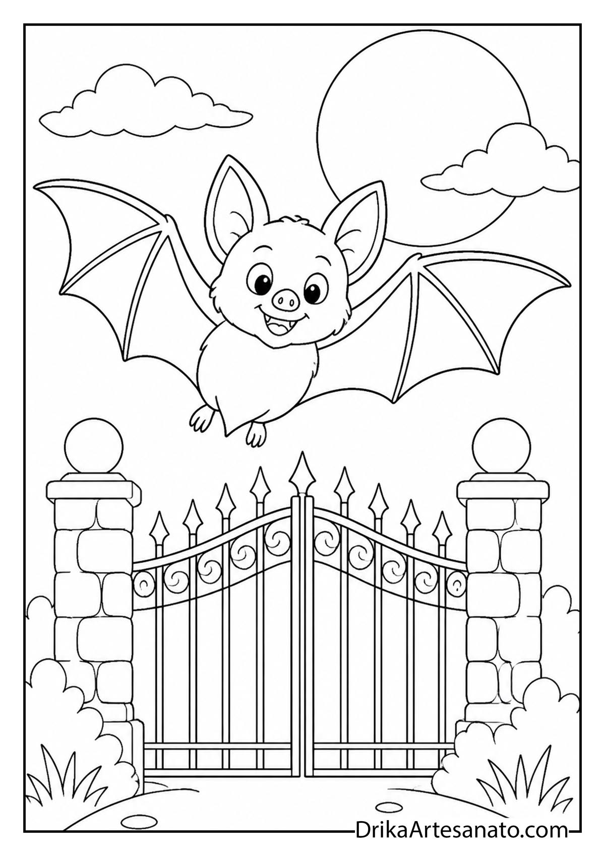 Cartoon bat soaring over tall cemetery iron gates coloring sheet