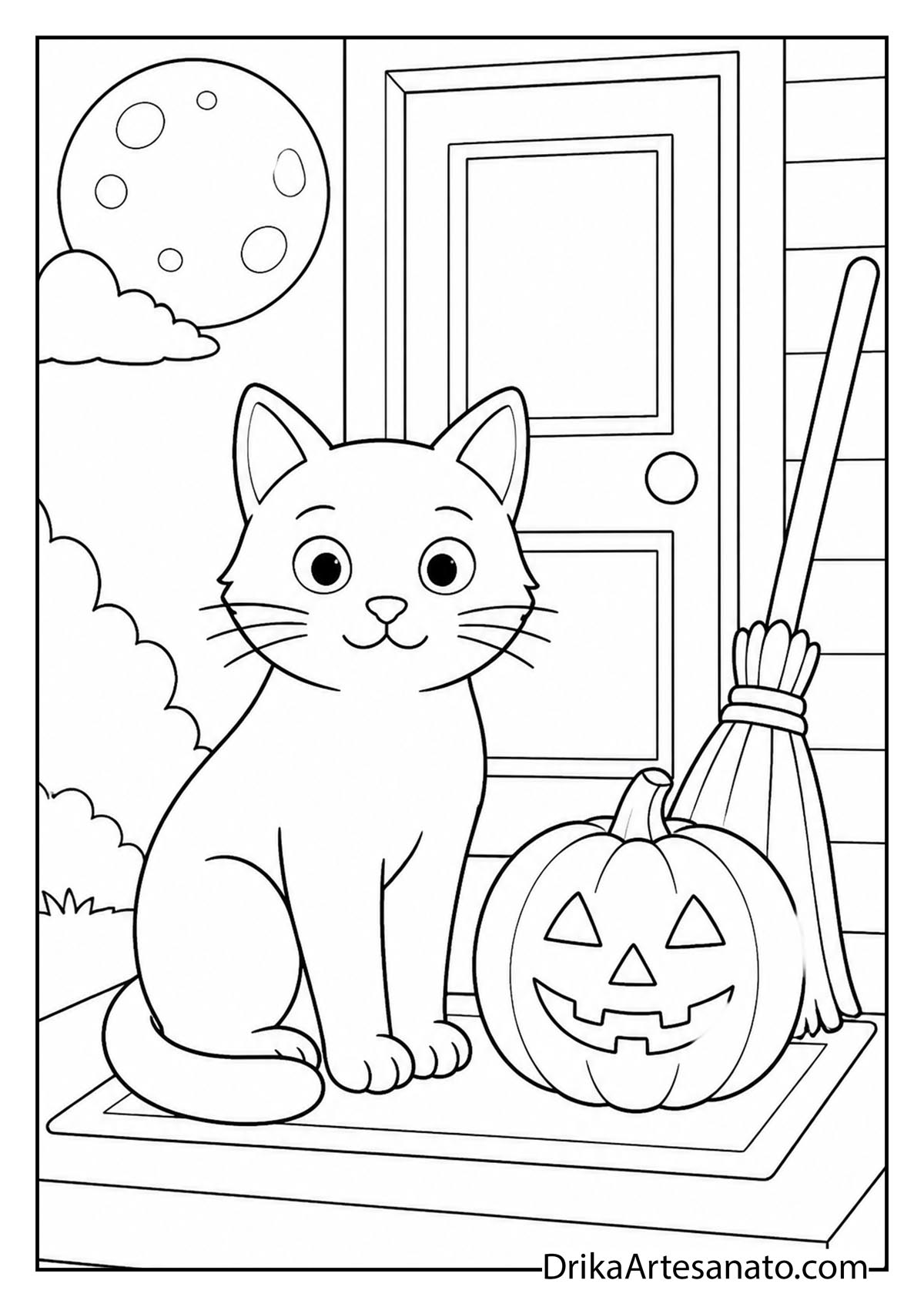 Cat sitting by a front door with a jack-o-lantern pumpkin and broom coloring printable