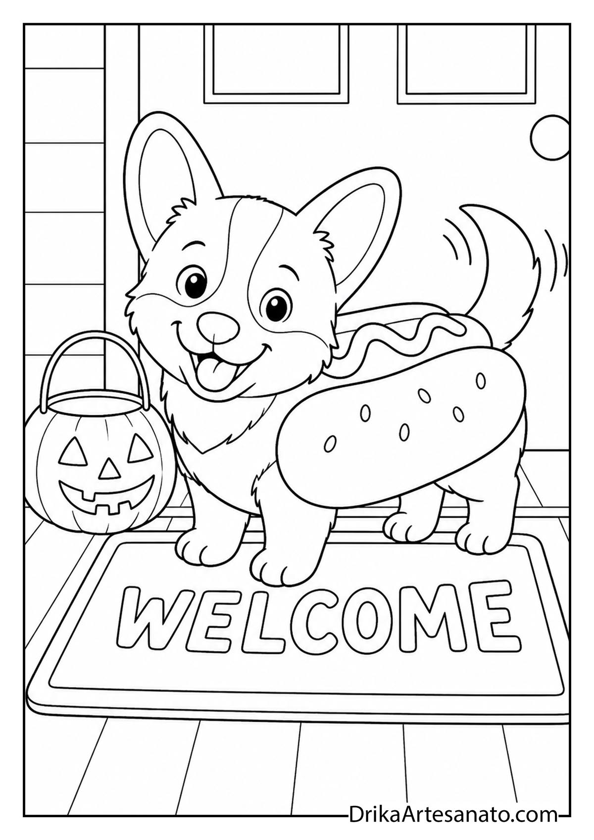 Cute corgi dog wearing a hot dog costume on a welcome mat coloring page