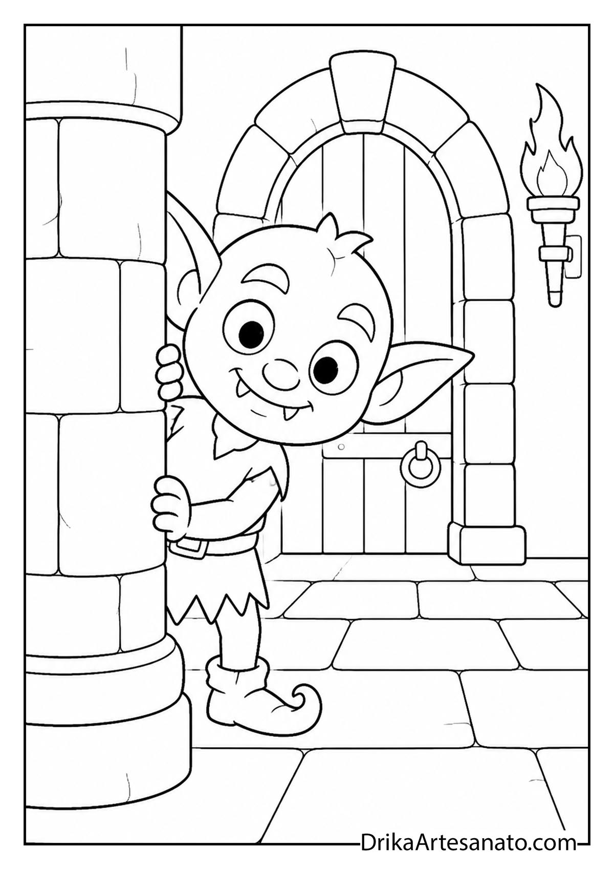 Cute little goblin peeking behind a stone castle pillar coloring sheet