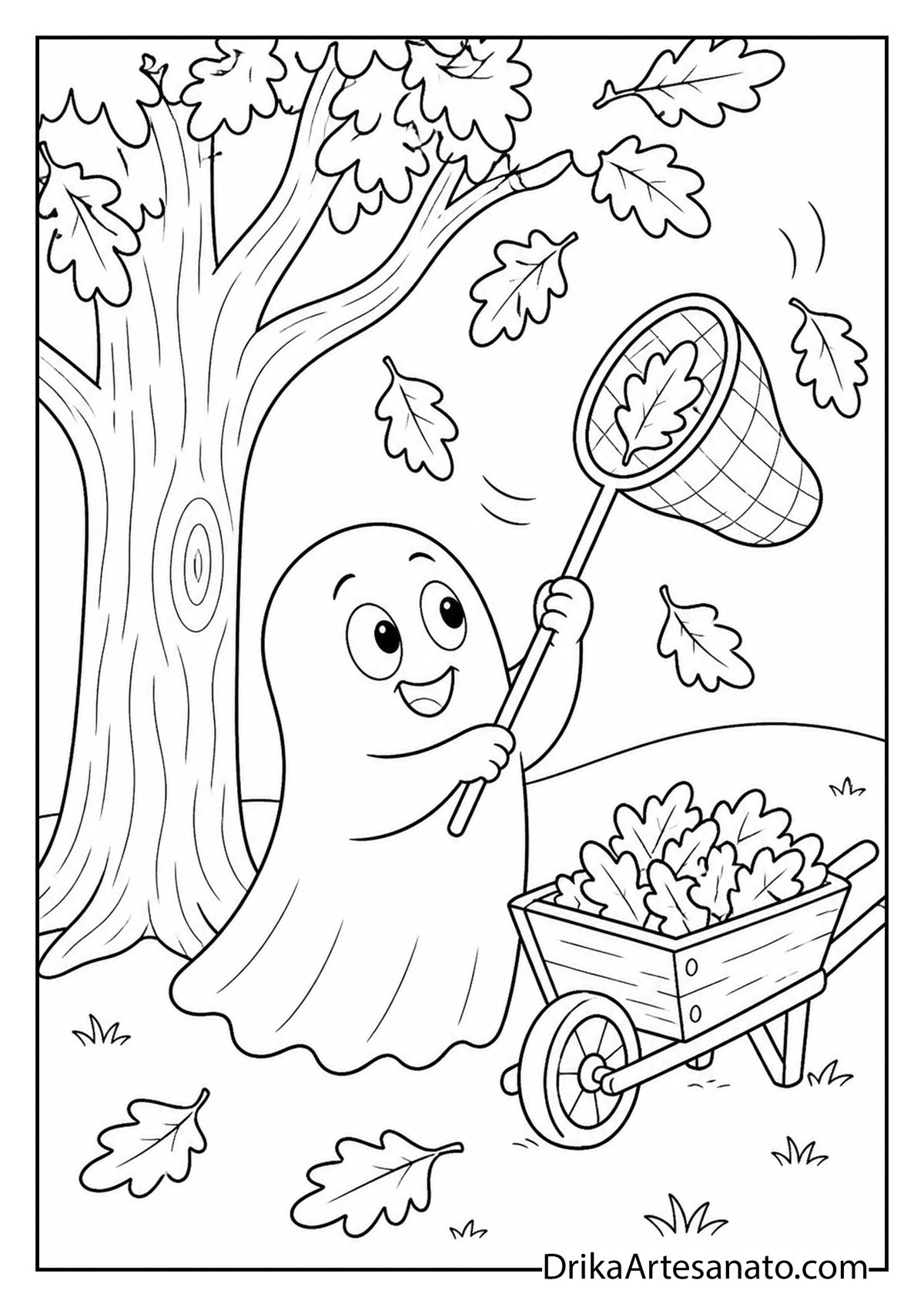 Cute ghost catching falling oak leaves with a net into a wheelbarrow coloring page