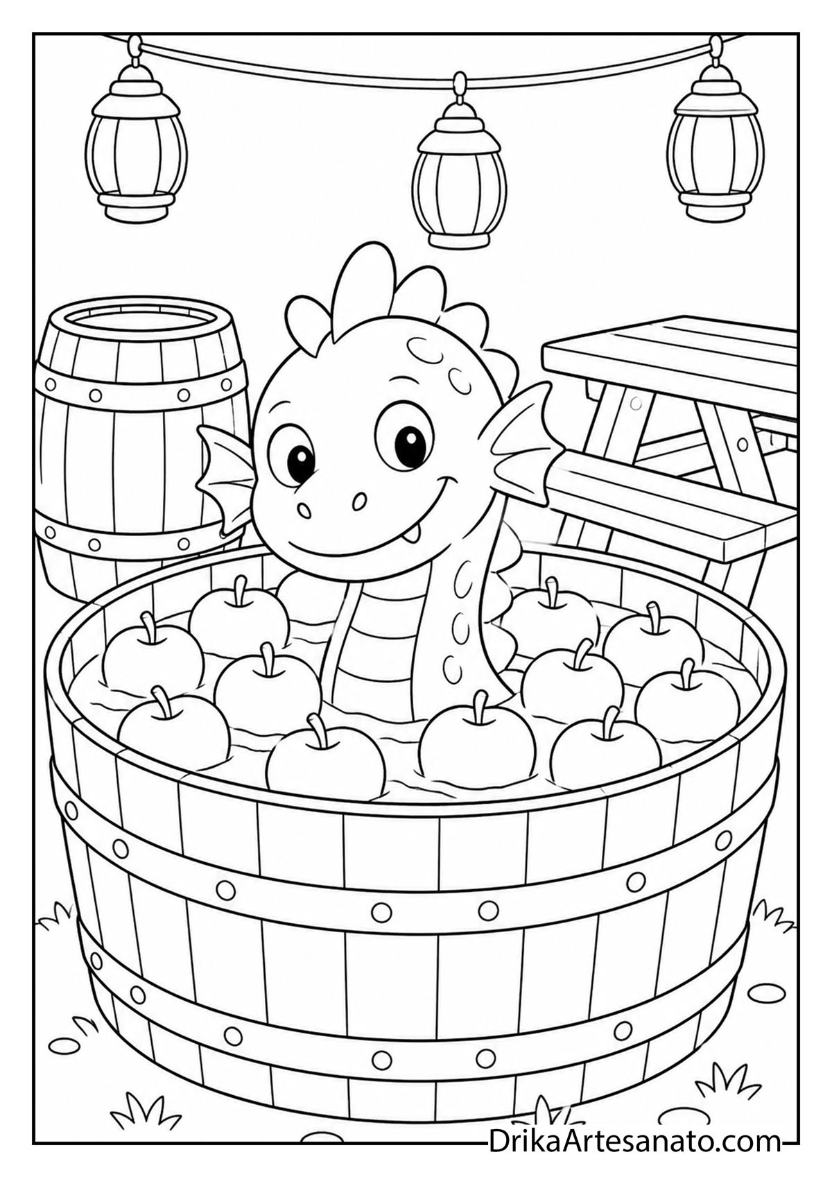 Cute sea monster peeking out of a tub of bobbing apples printable coloring page