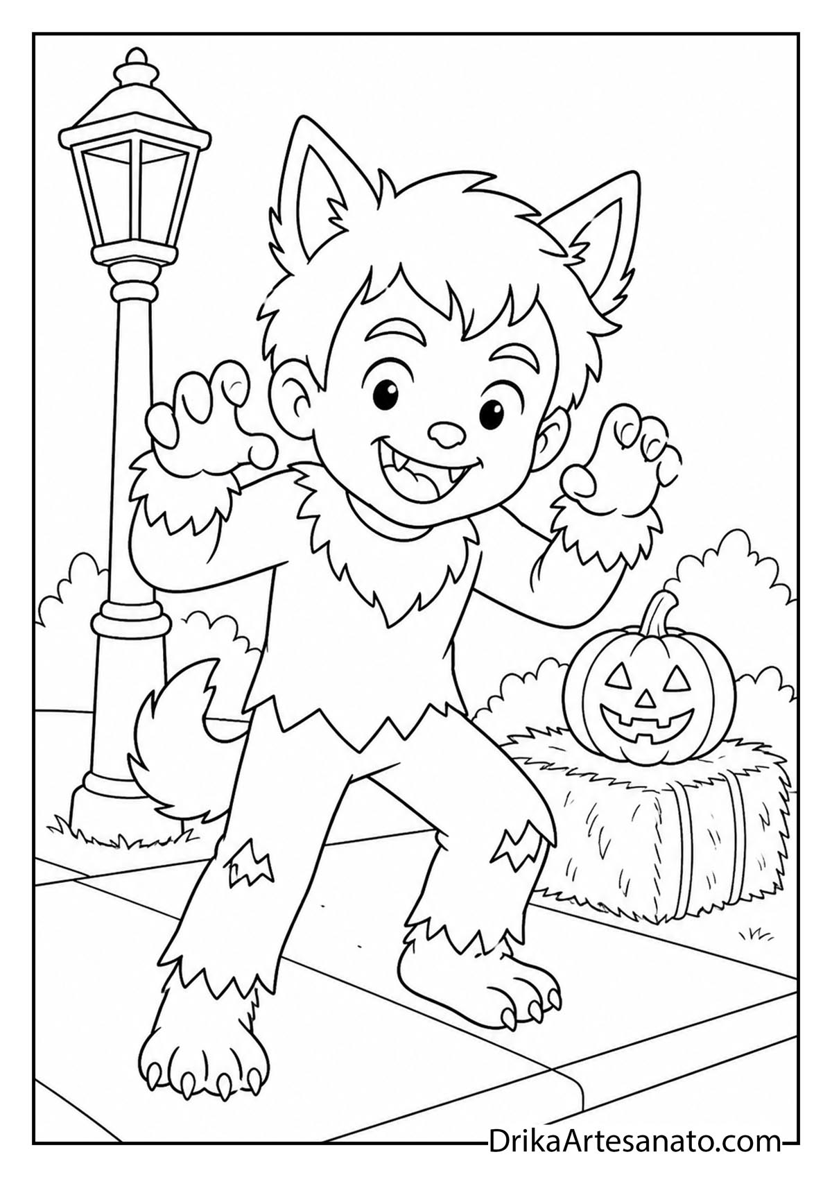 Boy in furry werewolf costume posing near lamppost and hay bale coloring page