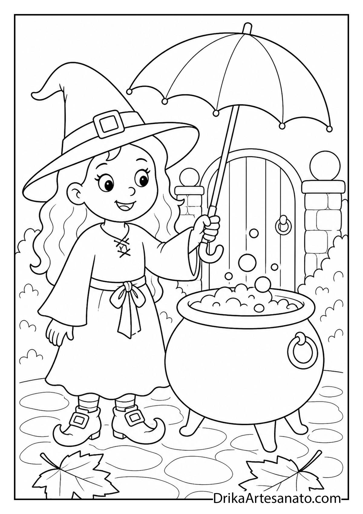 Cute witch holding an umbrella over her cauldron on fall leaves coloring page