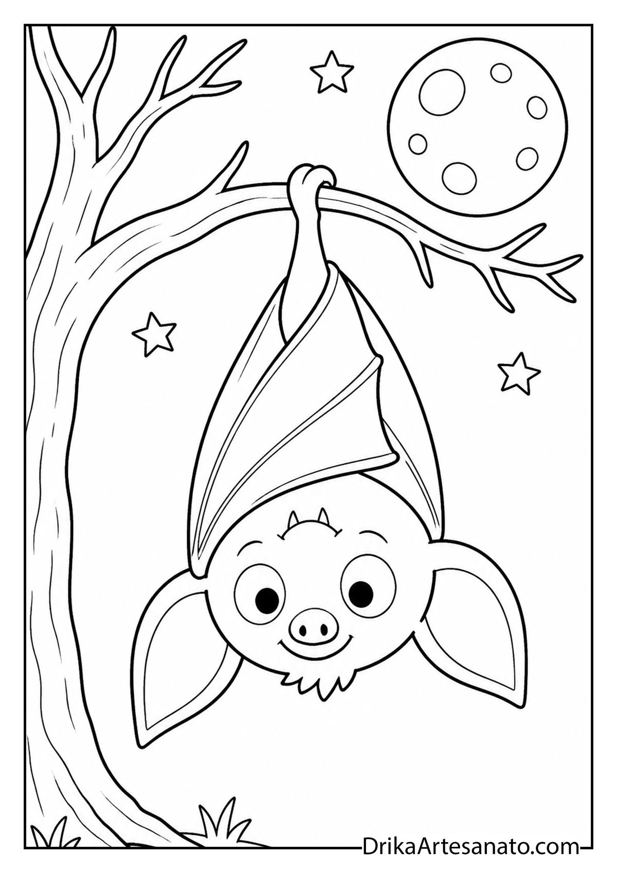 Cute bat hanging upside down from a bare tree branch coloring page