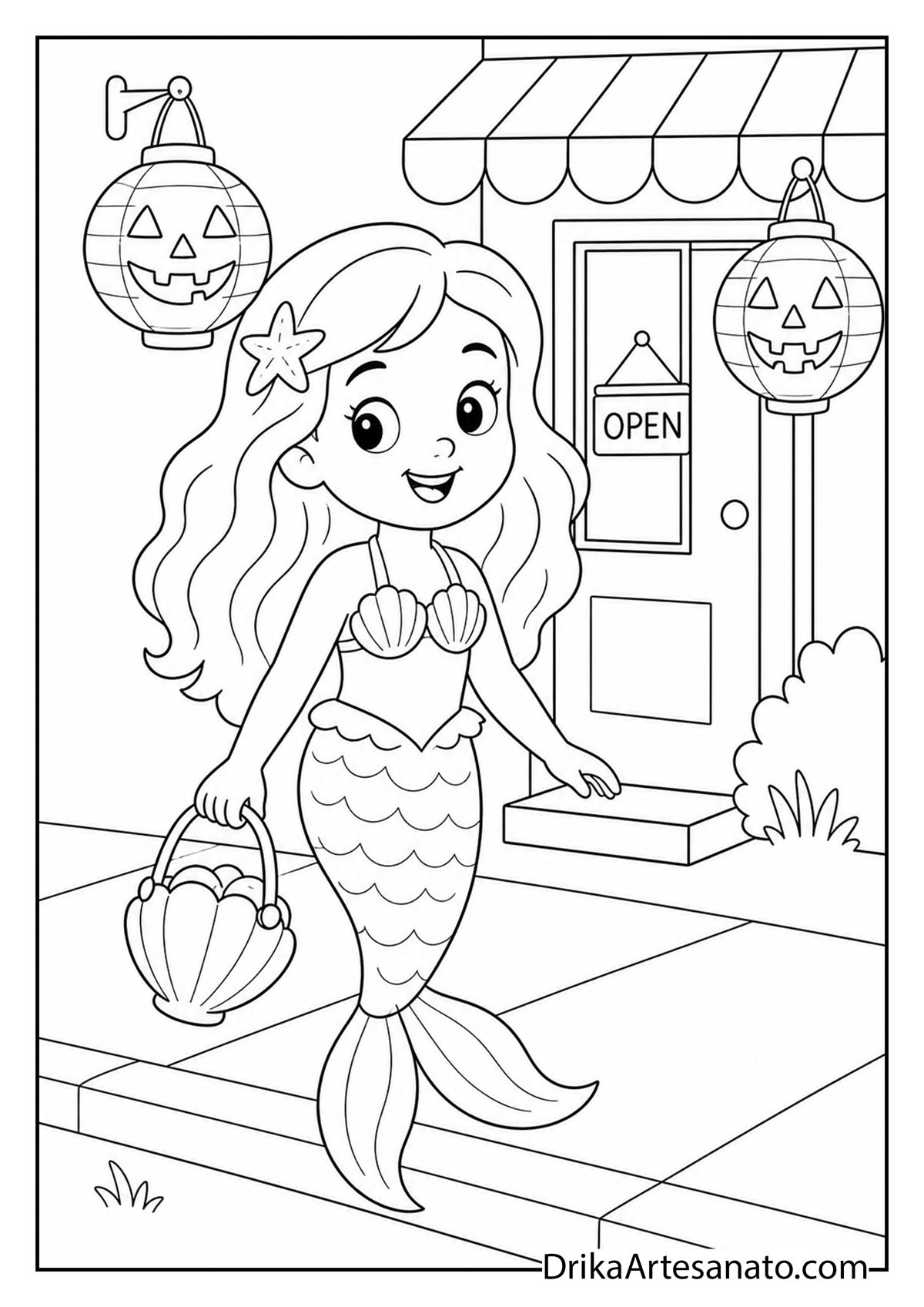 Girl in mermaid costume holding seashell basket near pumpkin lanterns coloring printable