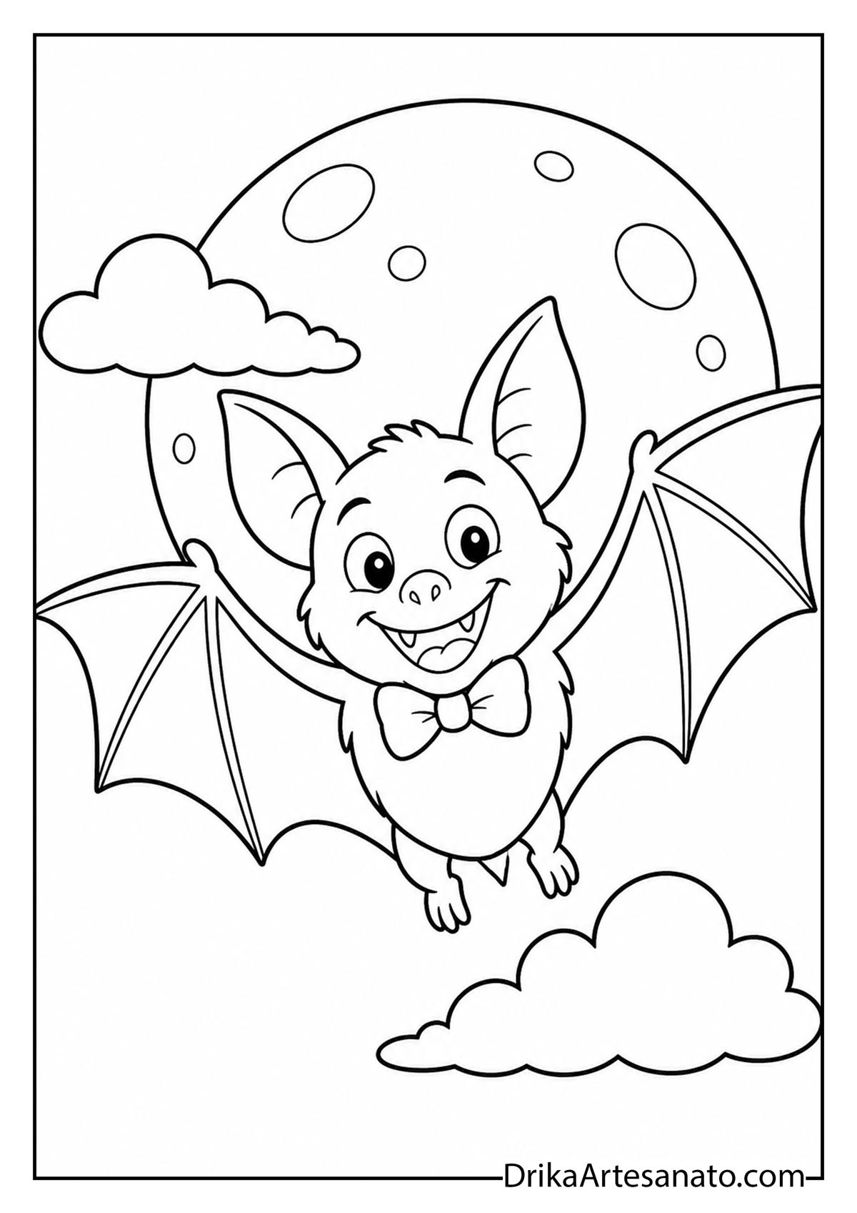 Dapper bat wearing a bow tie flying through night sky coloring sheet