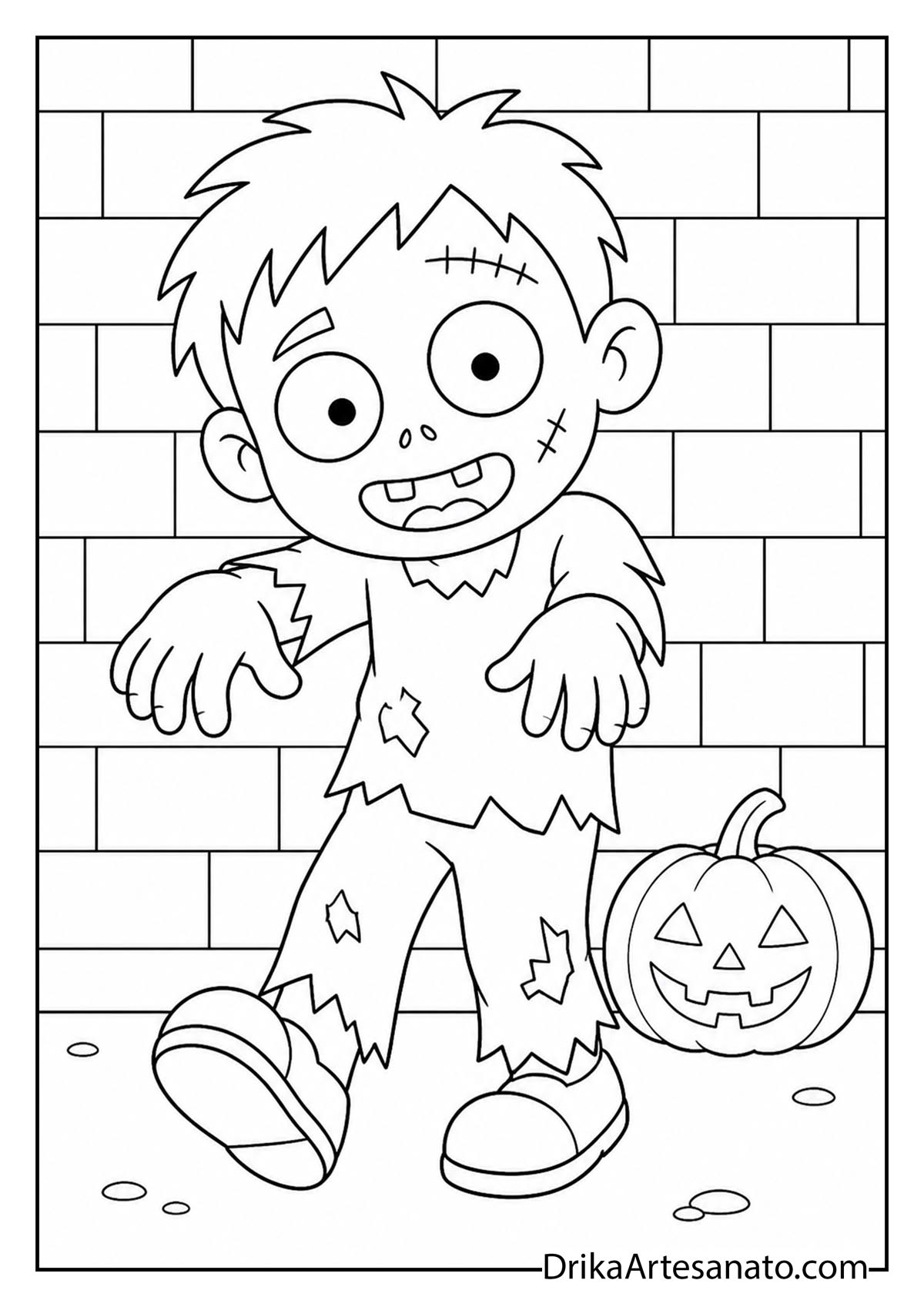 Cartoon zombie boy walking in front of brick wall coloring sheet
