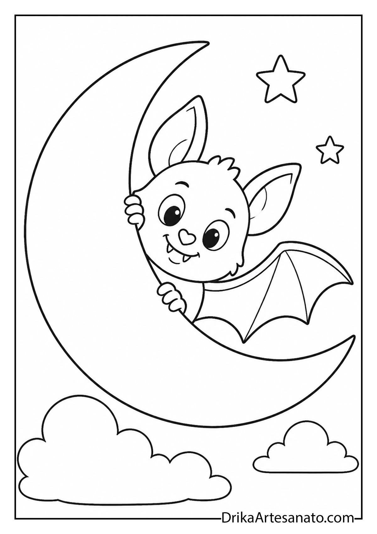 Cute bat peeking out from behind a crescent moon coloring page