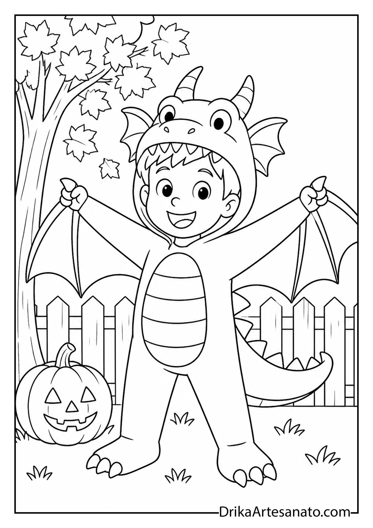 Boy in dragon costume with wings raised next to pumpkin coloring page