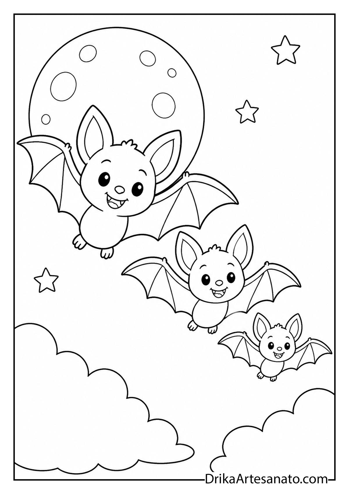 Three cartoon bats flying in formation across starry sky coloring page