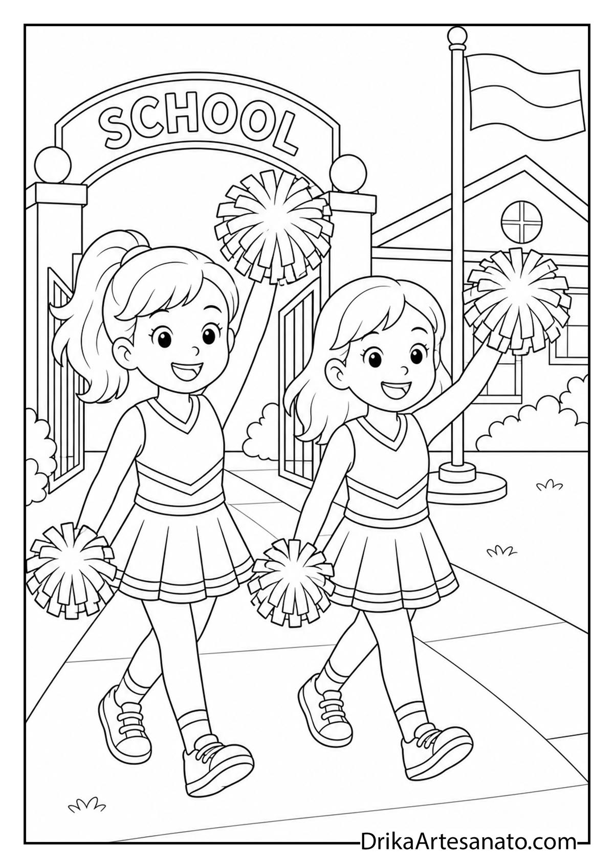 Two cheerleaders waving pom-poms outside school gates coloring sheet
