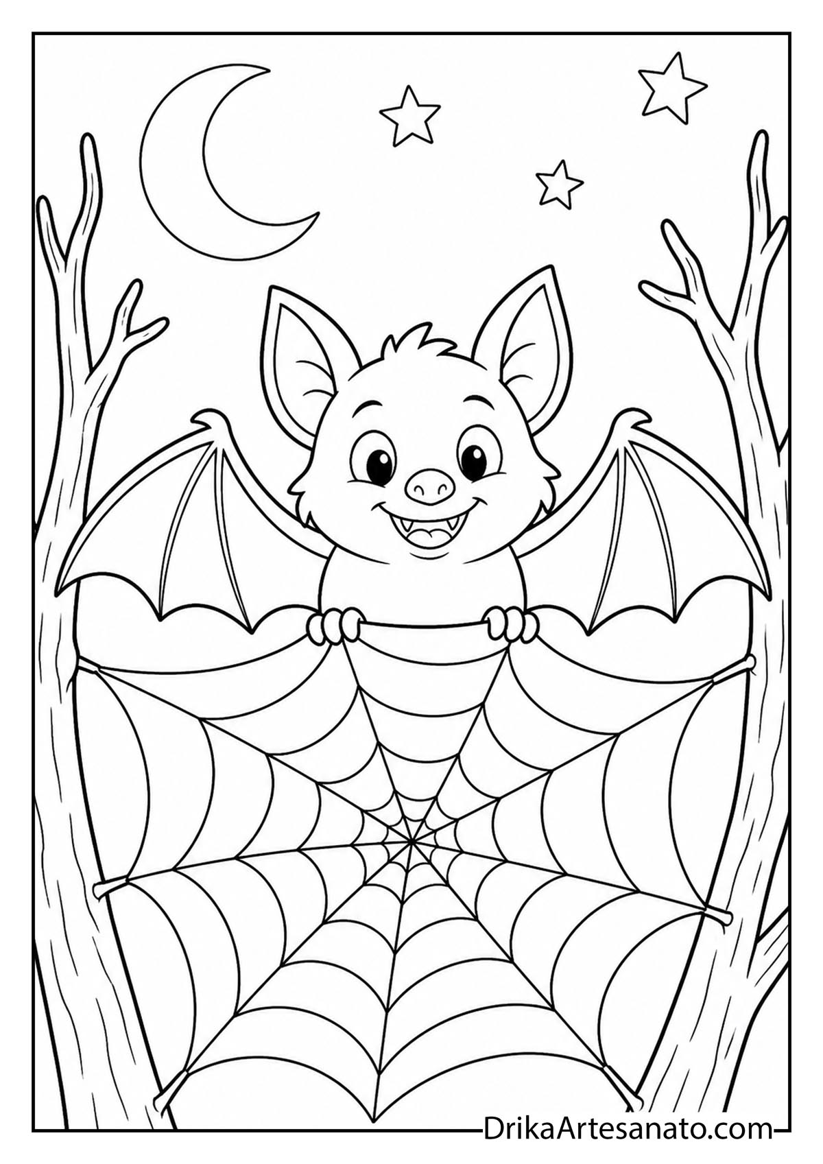 Cute bat smiling behind a large spider web outdoors coloring sheet