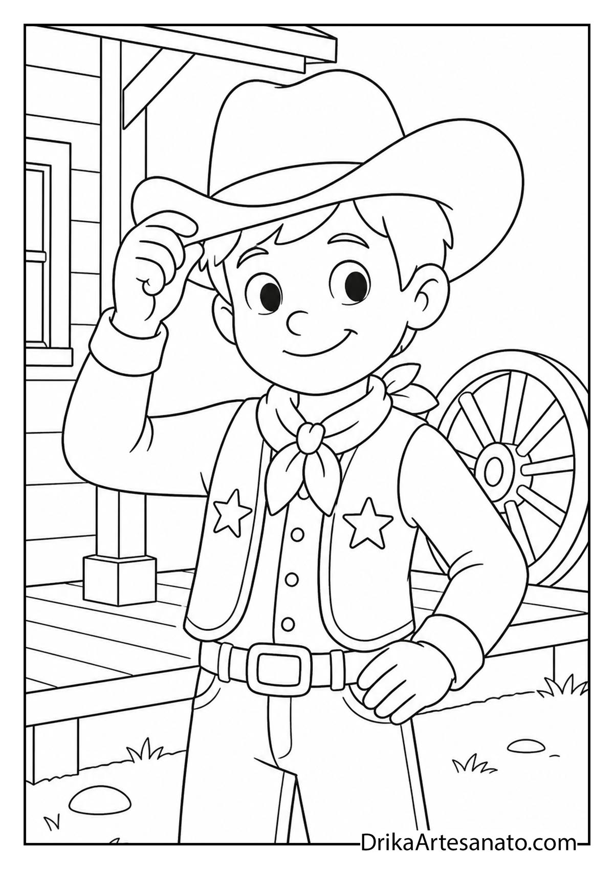 Boy cowboy tipping hat on wooden porch coloring printable