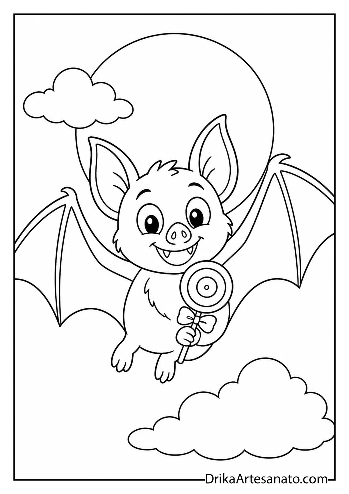Sweet cartoon bat flying with a round swirl lollipop coloring page
