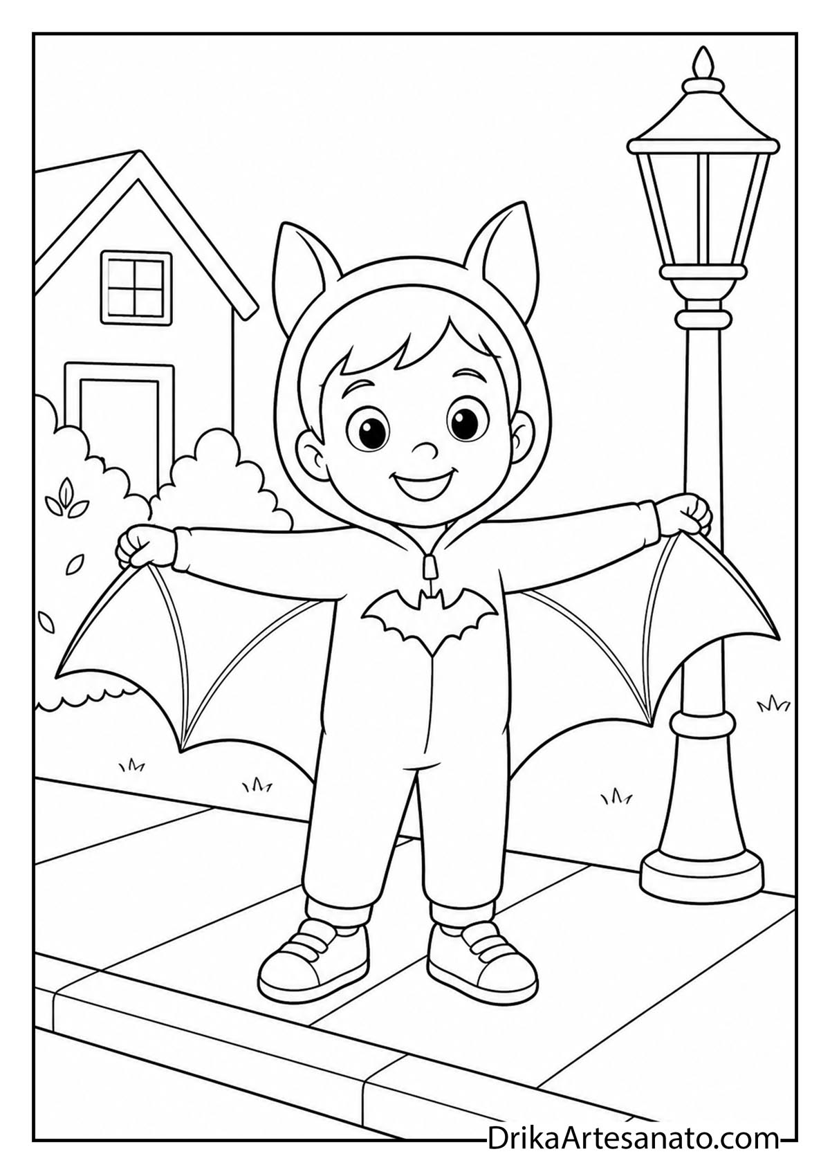 Boy in bat costume spreading wings on sidewalk coloring page