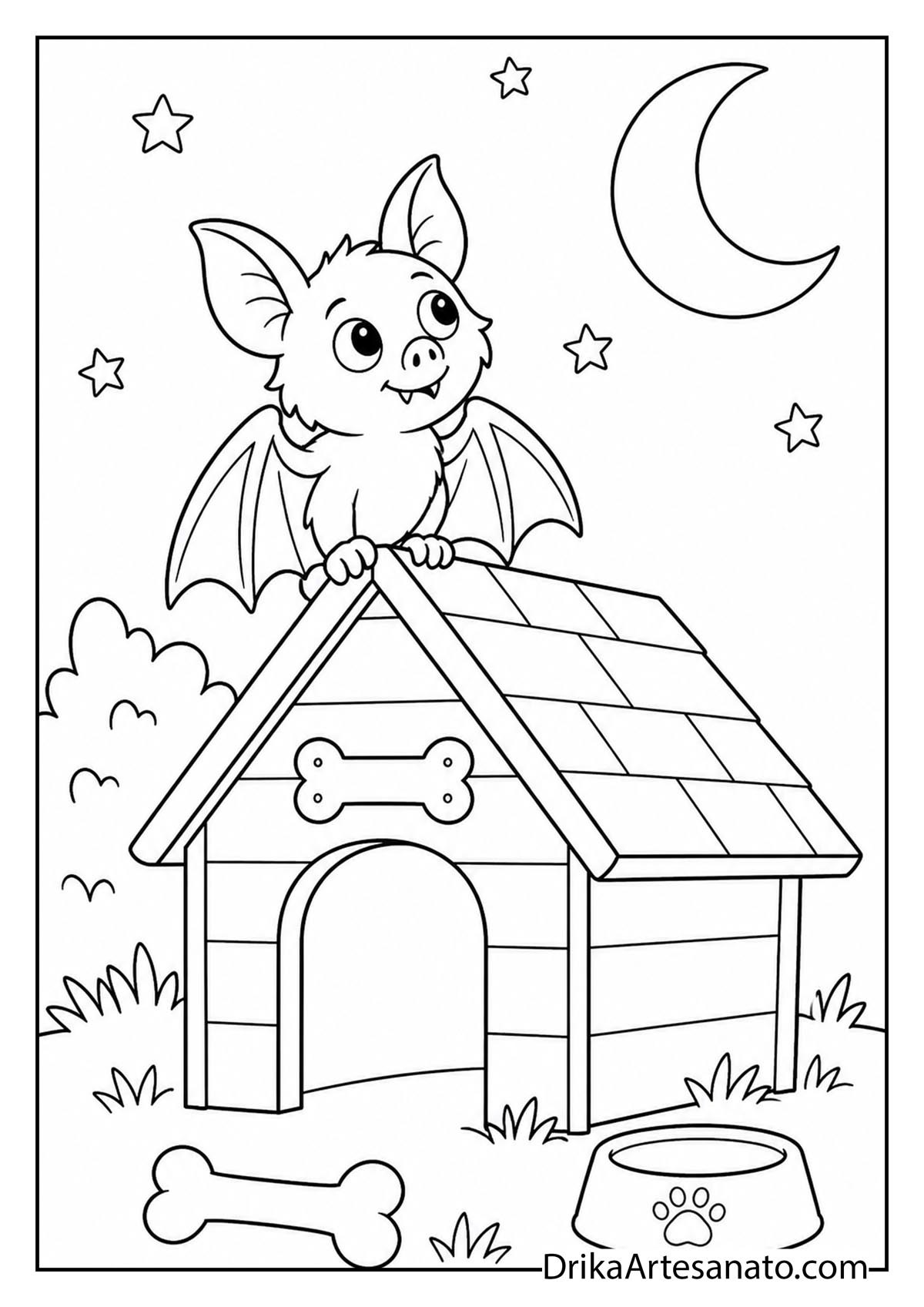 Cute bat sitting on top of a dog house roof at night coloring page