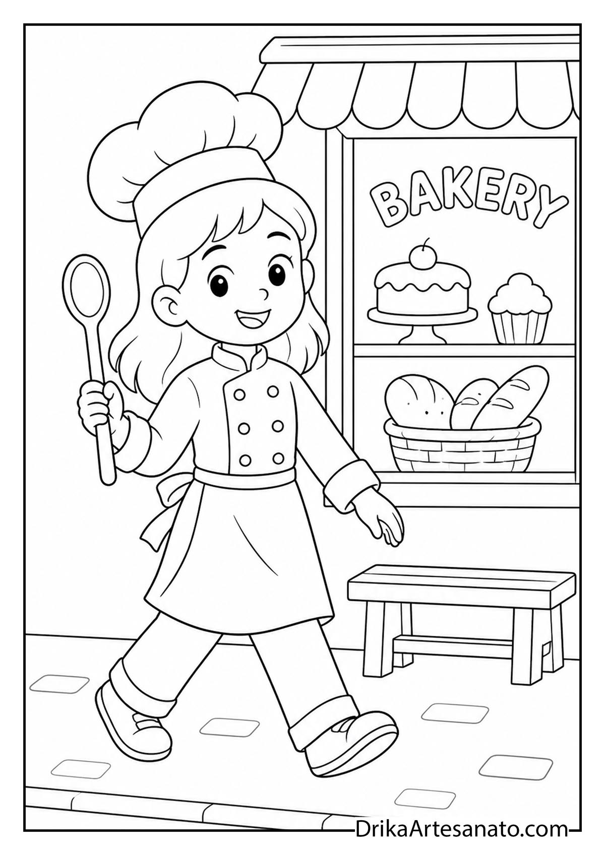 Girl dressed as chef holding wooden spoon outside bakery window coloring sheet