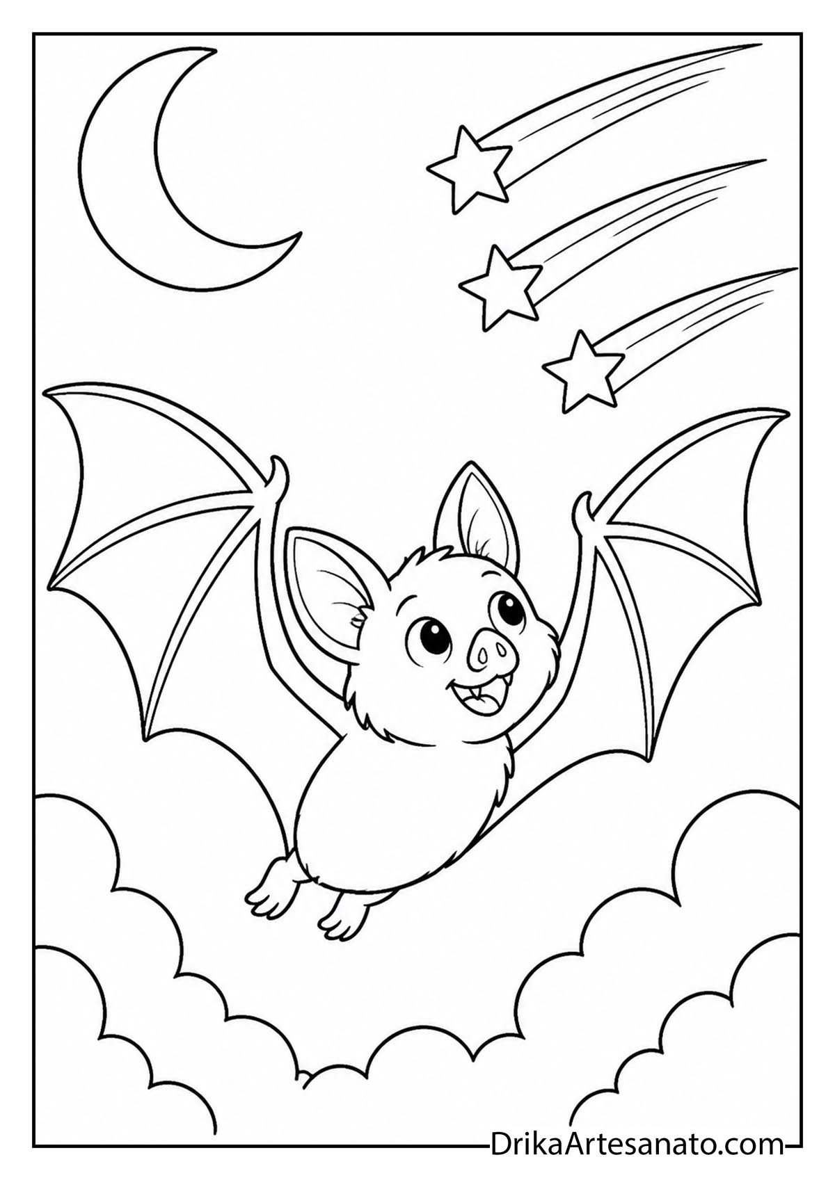 Cartoon bat flying beneath shooting stars in night sky coloring page