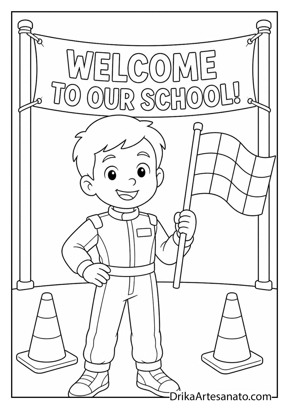 Boy in race car driver jumpsuit holding checkered flag coloring printable