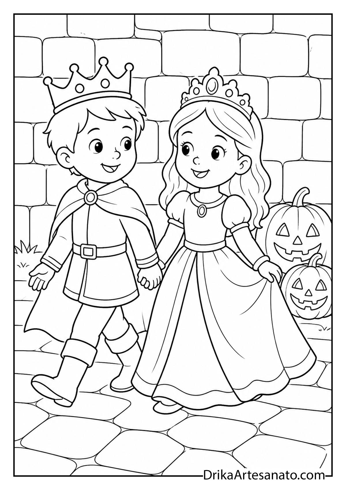 Young prince and princess holding hands walking along stone path coloring page