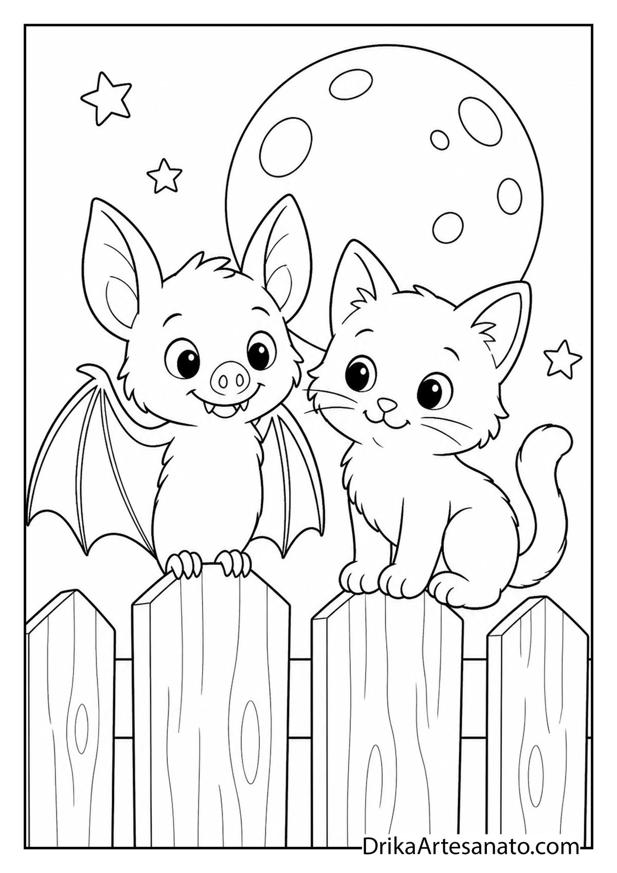 Cute bat and friendly kitten sitting on a wooden fence coloring page