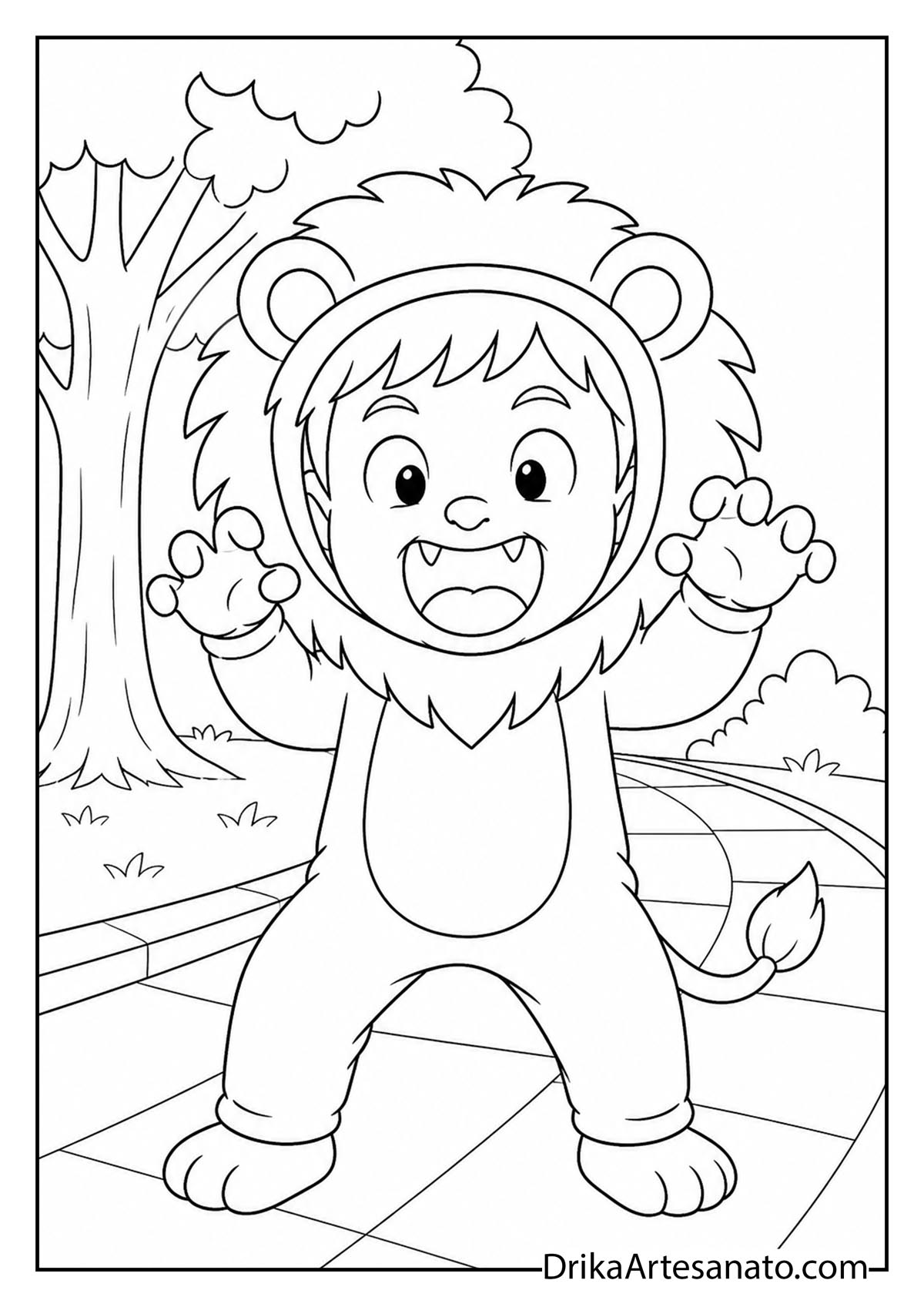 Boy in lion onesie costume roaring on park path coloring sheet
