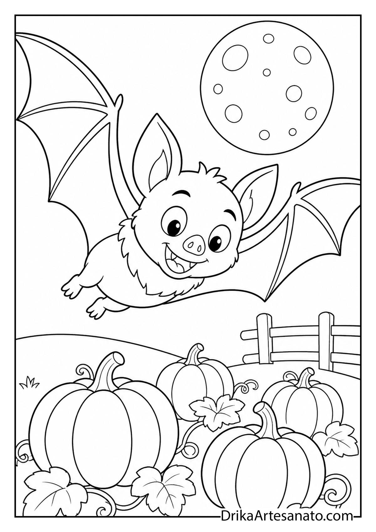 Friendly bat gliding over a field of ripe pumpkins coloring sheet