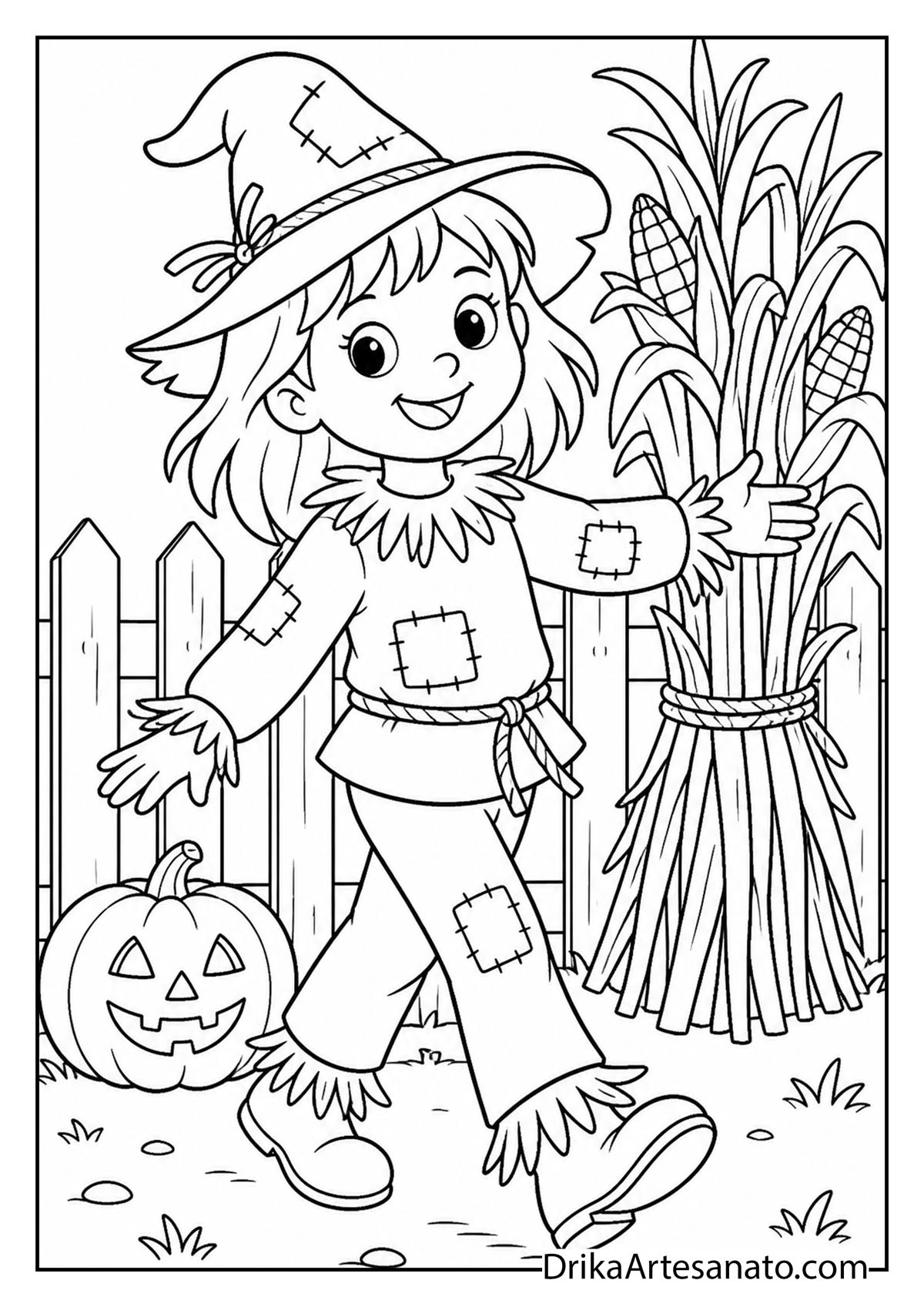 Girl scarecrow in patched outfit standing near cornstalks coloring printable
