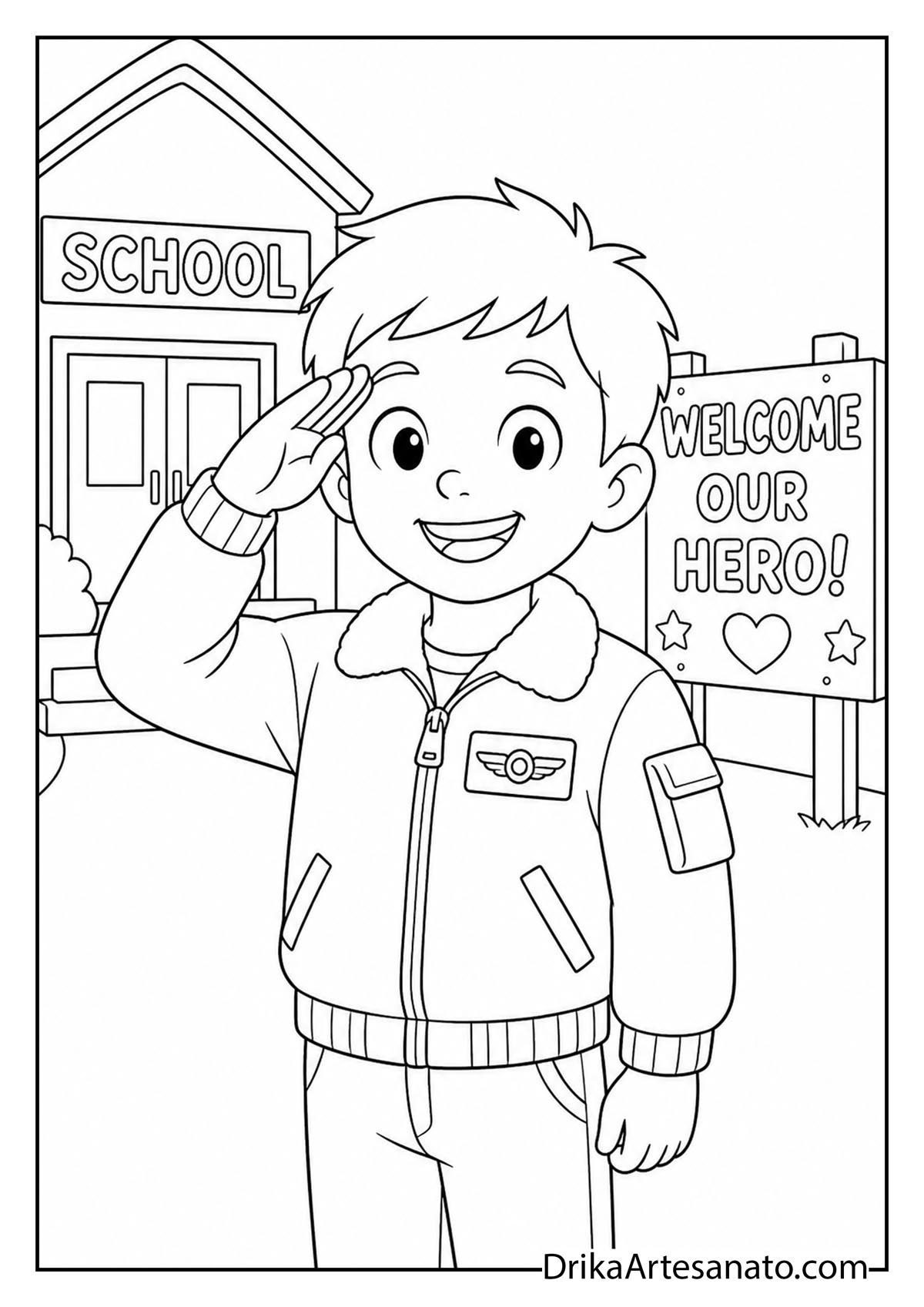 Boy dressed as pilot saluting in front of school hero sign coloring page