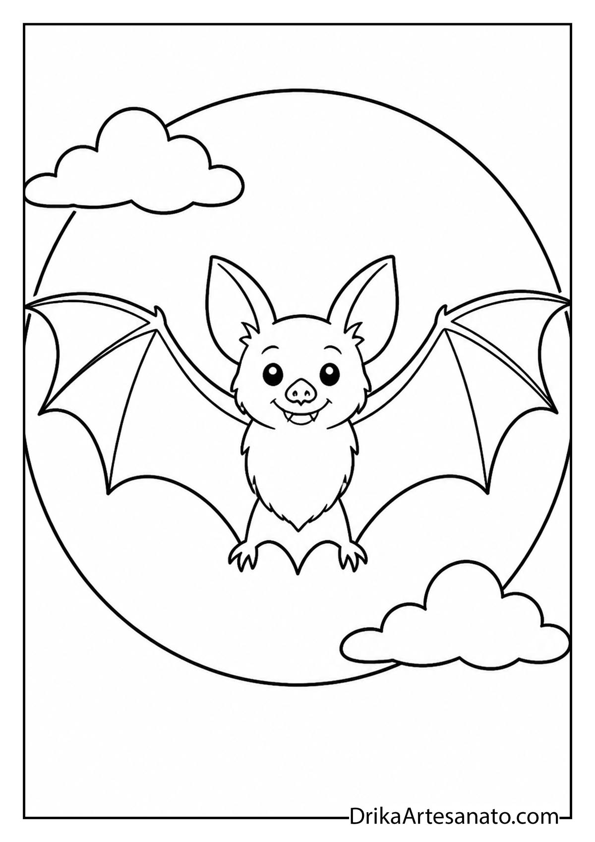 Simple bold outline of a flying bat under the moon coloring page